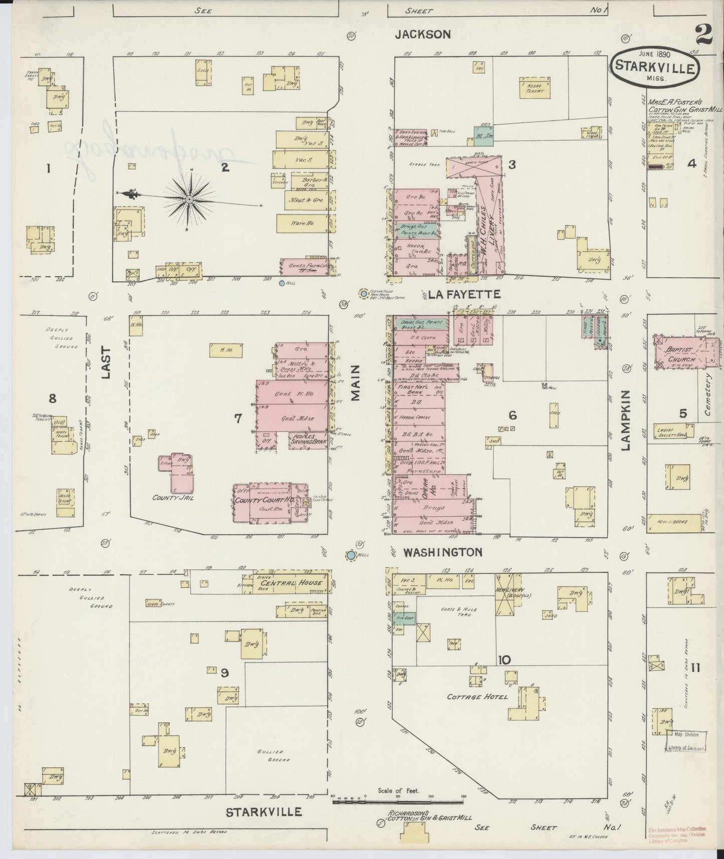 Sanborn Fire Insurance Map from Starkville, Oktibbeha County, Mississippi (1890), Sheet #0002 - Complete Map Set gallery image, historic Sanborn map, vintage wall art, Mississippi Mississippi