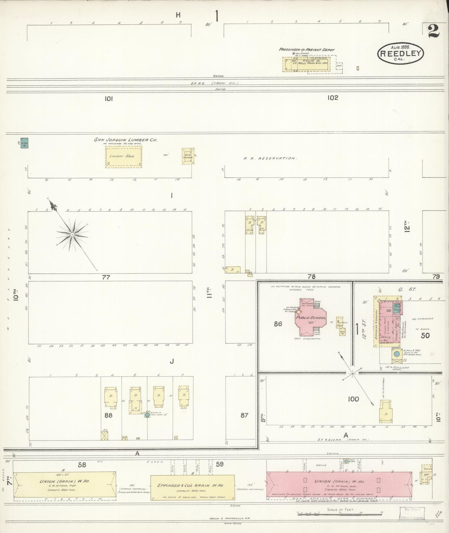 Sanborn Fire Insurance Map from Reedley, Fresno County, California (1898), Sheet #0002 - Complete Map Set gallery image, historic Sanborn map, vintage wall art, California California