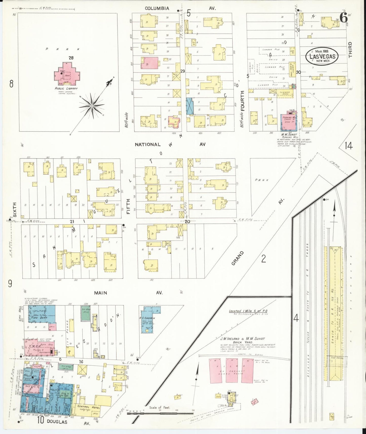 Sanborn Fire Insurance Map from Las Vegas, San Miguel County, New Mexico (1908), Sheet #0006 - Historic Sanborn Fire Insurance Map Print, vintage old map wall art, antique decor, genealogy gift, New Mexico New Mexico map