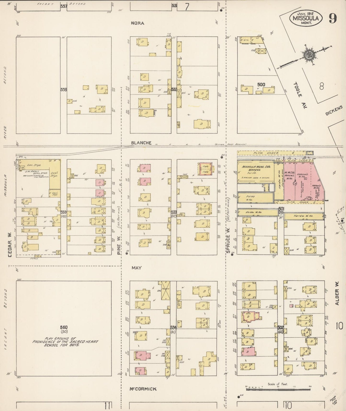 Sanborn Fire Insurance Map from Missoula, Missoula County, Montana (1912), Sheet #0009 - Historic Sanborn Fire Insurance Map Print, vintage old map wall art, antique decor, genealogy gift, Montana Montana map