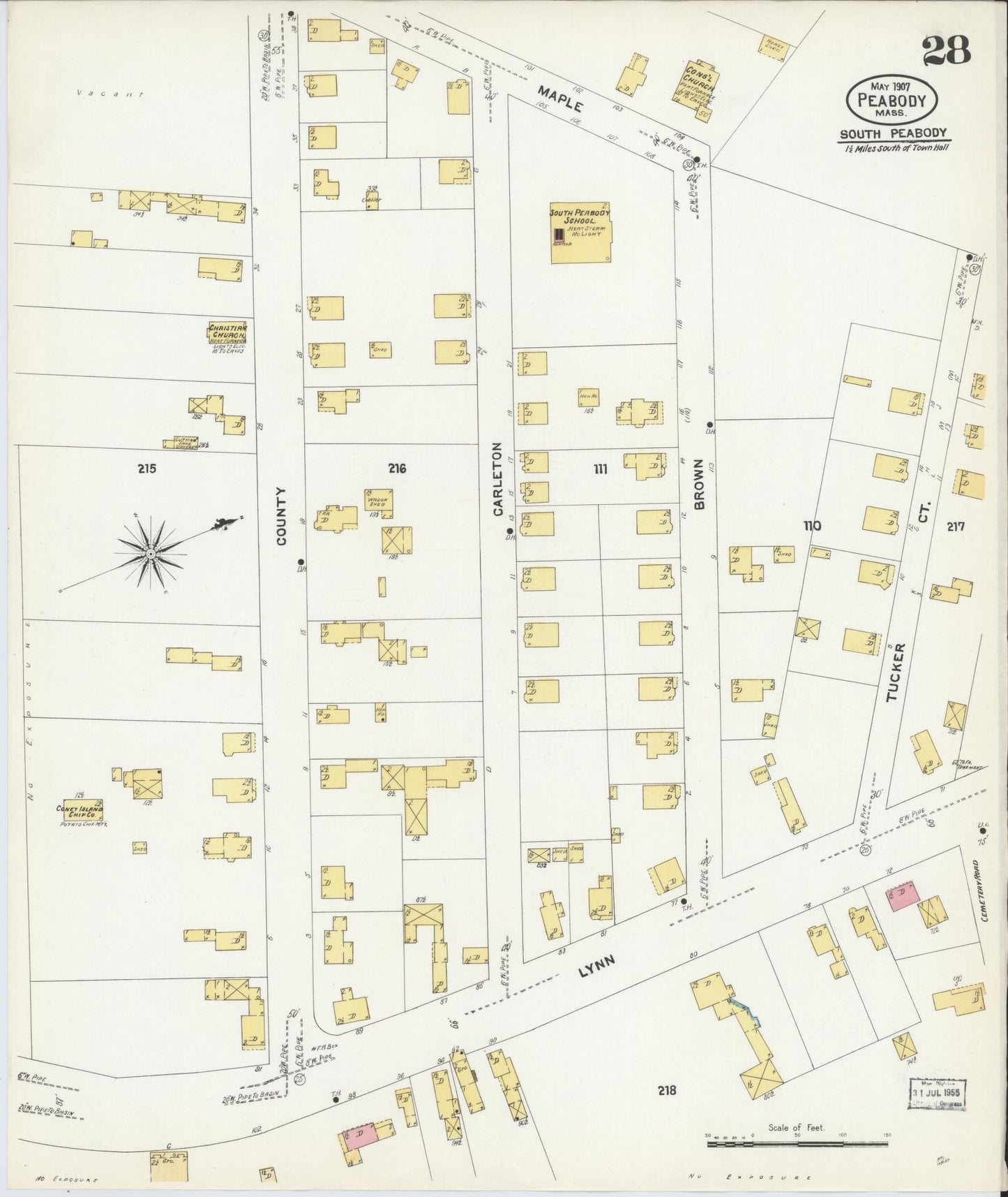 Sanborn Fire Insurance Map from Peabody, Essex County, Massachusetts (1907), Sheet #0028 - Historic Sanborn Fire Insurance Map Print, vintage old map wall art, antique decor, genealogy gift, Massachusetts Massachusetts map