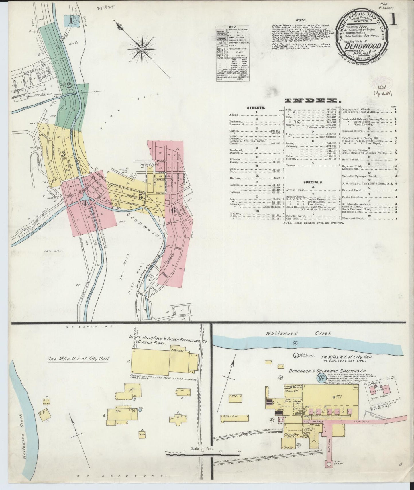 Sanborn Fire Insurance Map from Deadwood, Lawrence County, South Dakota (1897), Sheet #0001 - Historic Sanborn Fire Insurance Map Print, vintage old map wall art, antique decor, genealogy gift, South Dakota South Dakota map