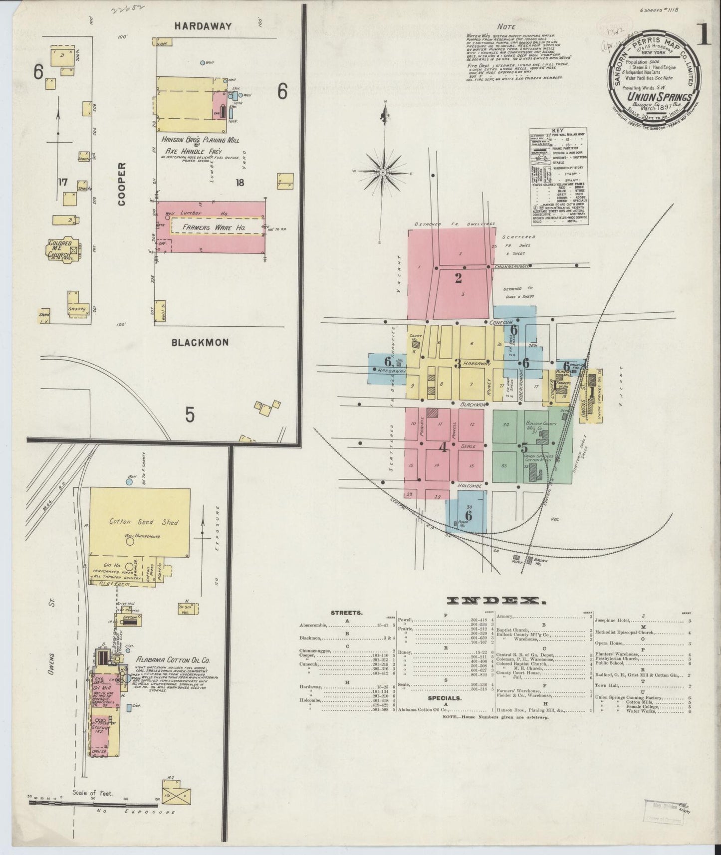 Sanborn Fire Insurance Map from Union Springs, Bullock County, Alabama (1897), Sheet #0001 - Historic Sanborn Fire Insurance Map Print, vintage old map wall art, antique decor, genealogy gift, Alabama Alabama map
