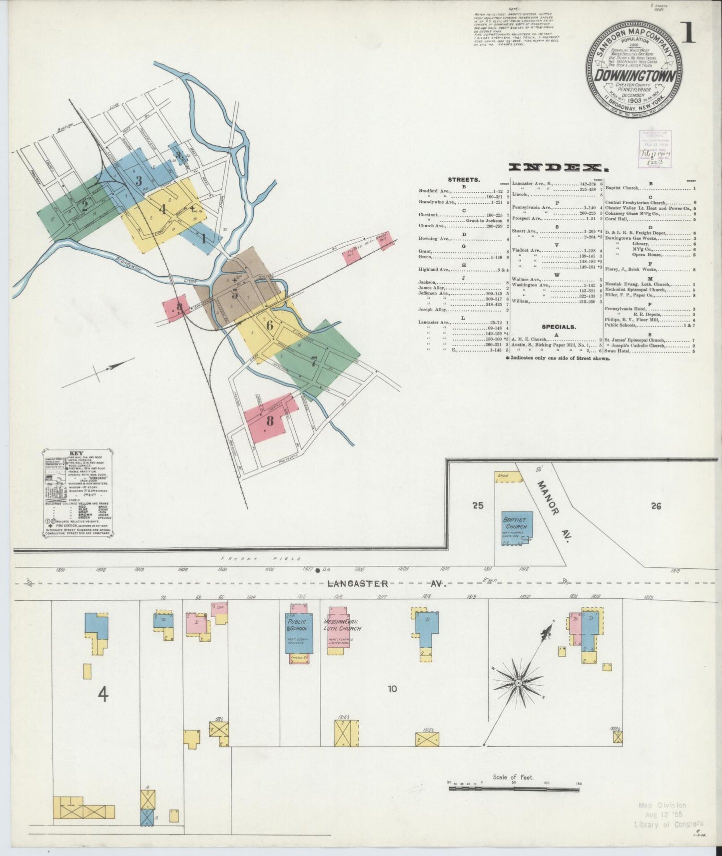Sanborn Fire Insurance Map from Downingtown, Chester County, Pennsylvania (1903), Sheet #0001 - Historic Sanborn Fire Insurance Map Print, vintage old map wall art, antique decor, genealogy gift, Pennsylvania Pennsylvania map