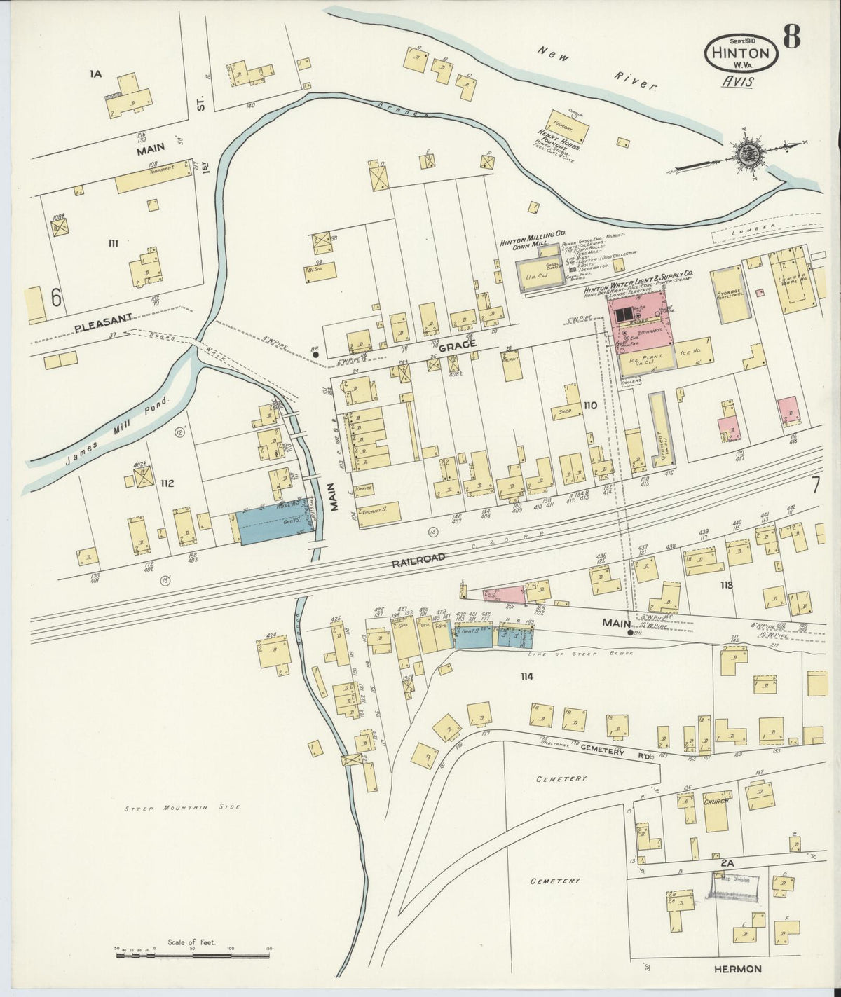Sanborn Fire Insurance Map from Hinton, Summer County, West Virginia (1910), Sheet #0008 - Historic Sanborn Fire Insurance Map Print, vintage old map wall art, antique decor, genealogy gift, West Virginia West Virginia map