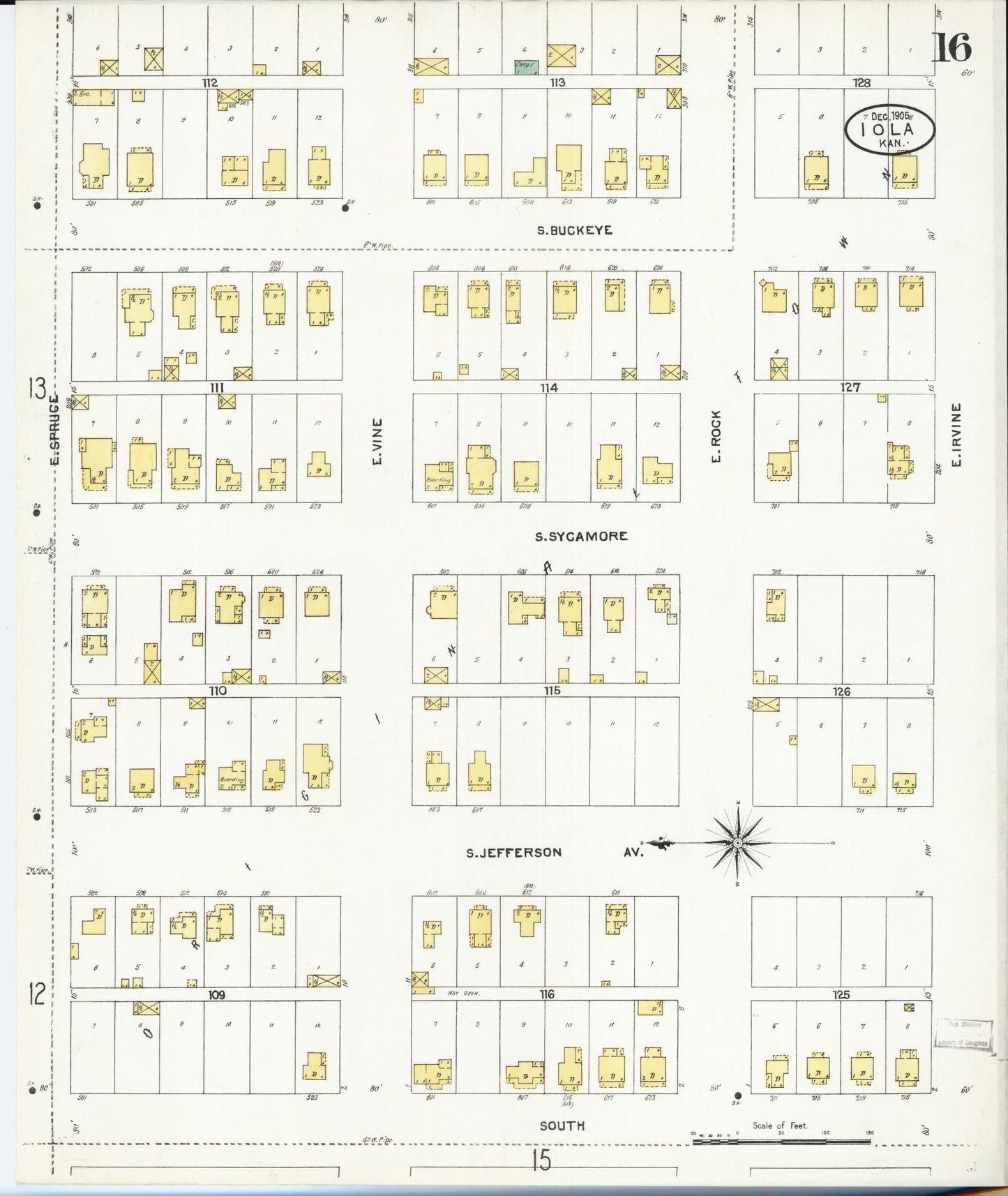 Sanborn Fire Insurance Map from Iola, Allen County, Kansas (1905), Sheet #0016 - Historic Sanborn Fire Insurance Map Print, vintage old map wall art, antique decor, genealogy gift, Kansas Kansas map