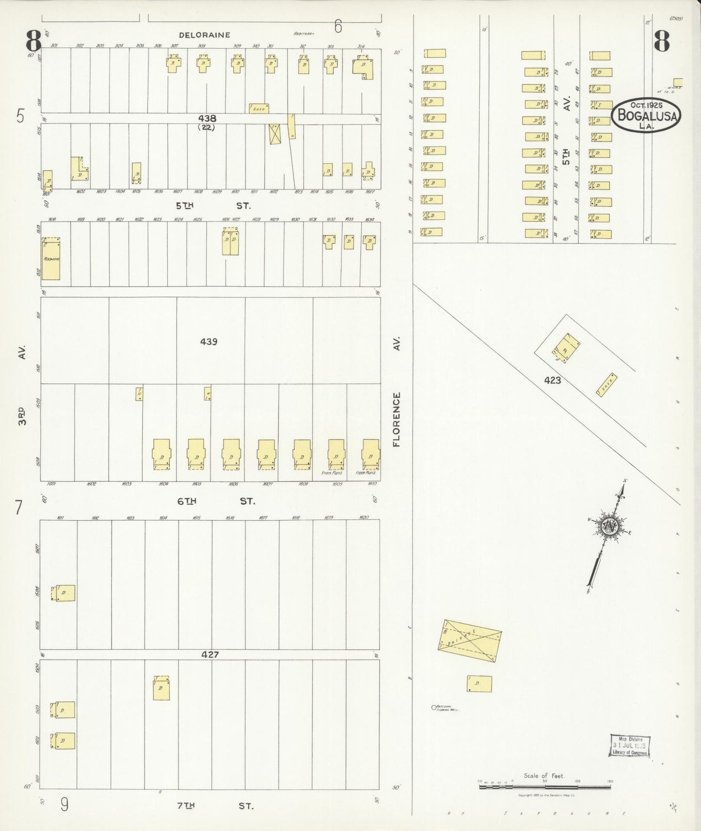 Sanborn Fire Insurance Map from Bogalusa, Washington Parish, Louisiana (1925), Sheet #0008 - Historic Sanborn Fire Insurance Map Print, vintage old map wall art, antique decor, genealogy gift, Louisiana Louisiana map
