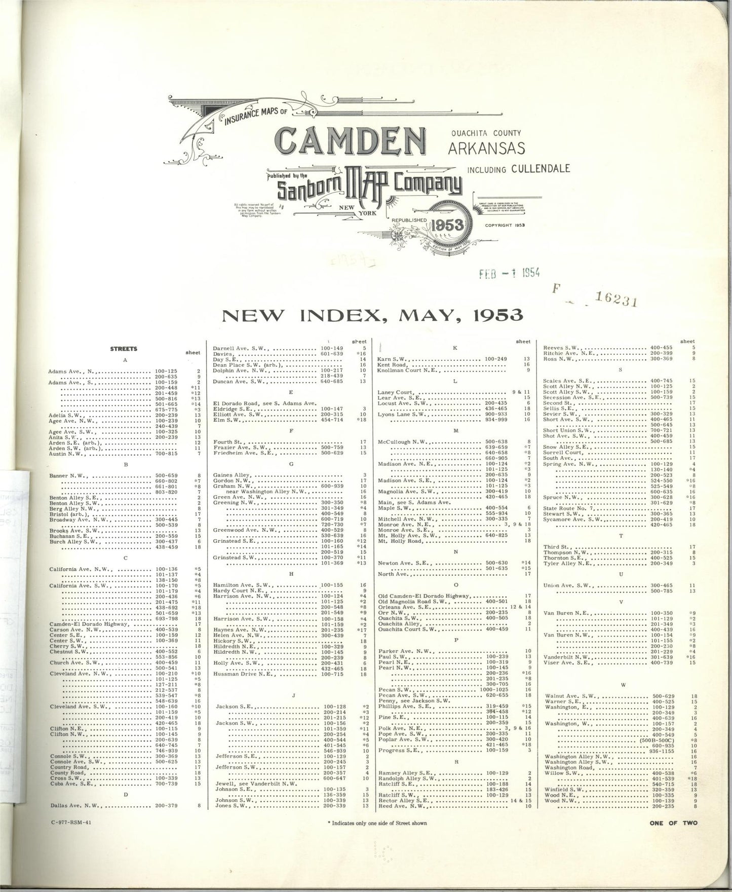 Sanborn Fire Insurance Map from Camden, Ouachita County, Arkansas (1953), Sheet #0001 - Historic Sanborn Fire Insurance Map Print, vintage old map wall art, antique decor, genealogy gift, Arkansas Arkansas map