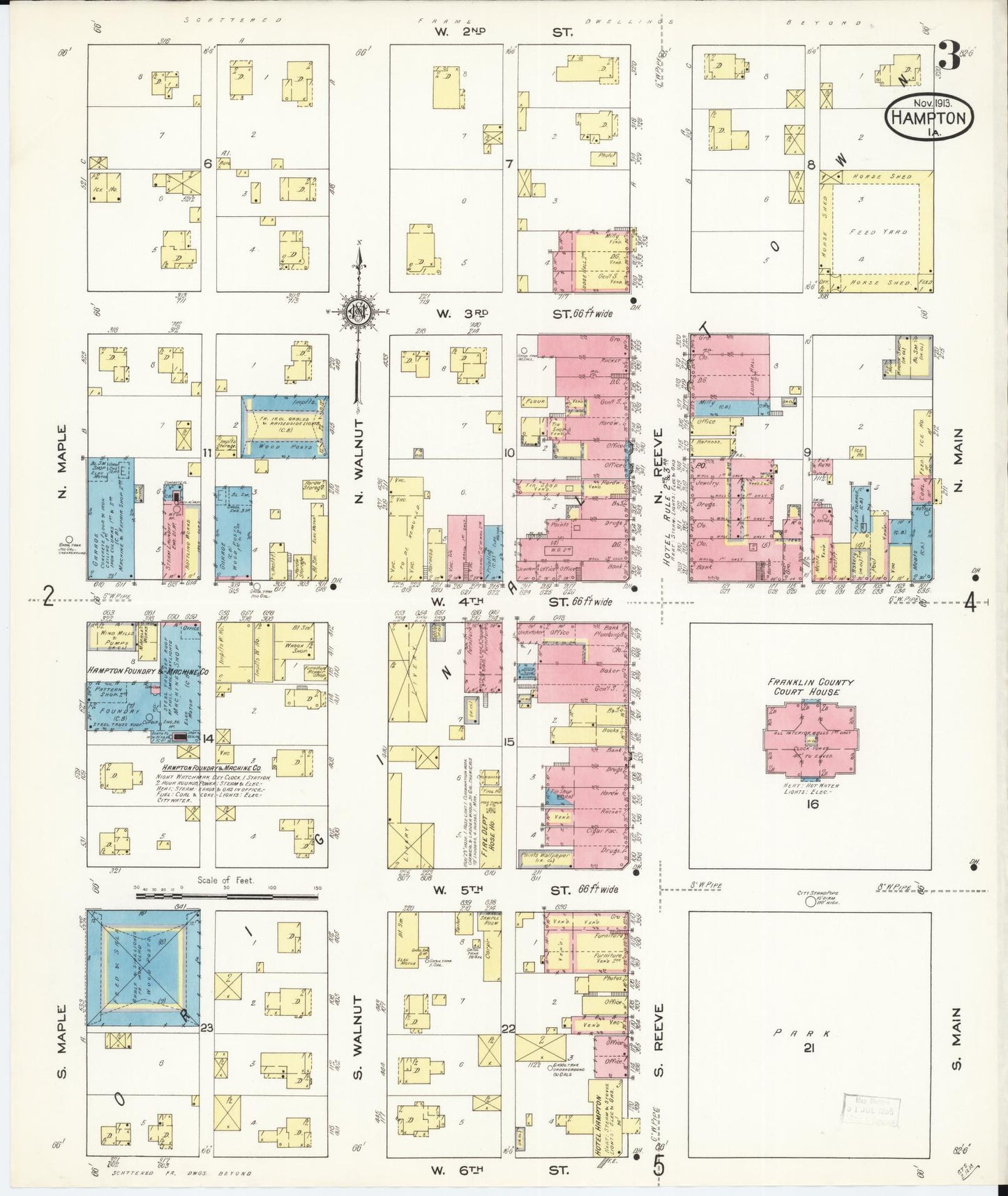 Sanborn Fire Insurance Map from Hampton, Franklin County, Iowa (1913), Sheet #0003 - Historic Sanborn Fire Insurance Map Print, vintage old map wall art