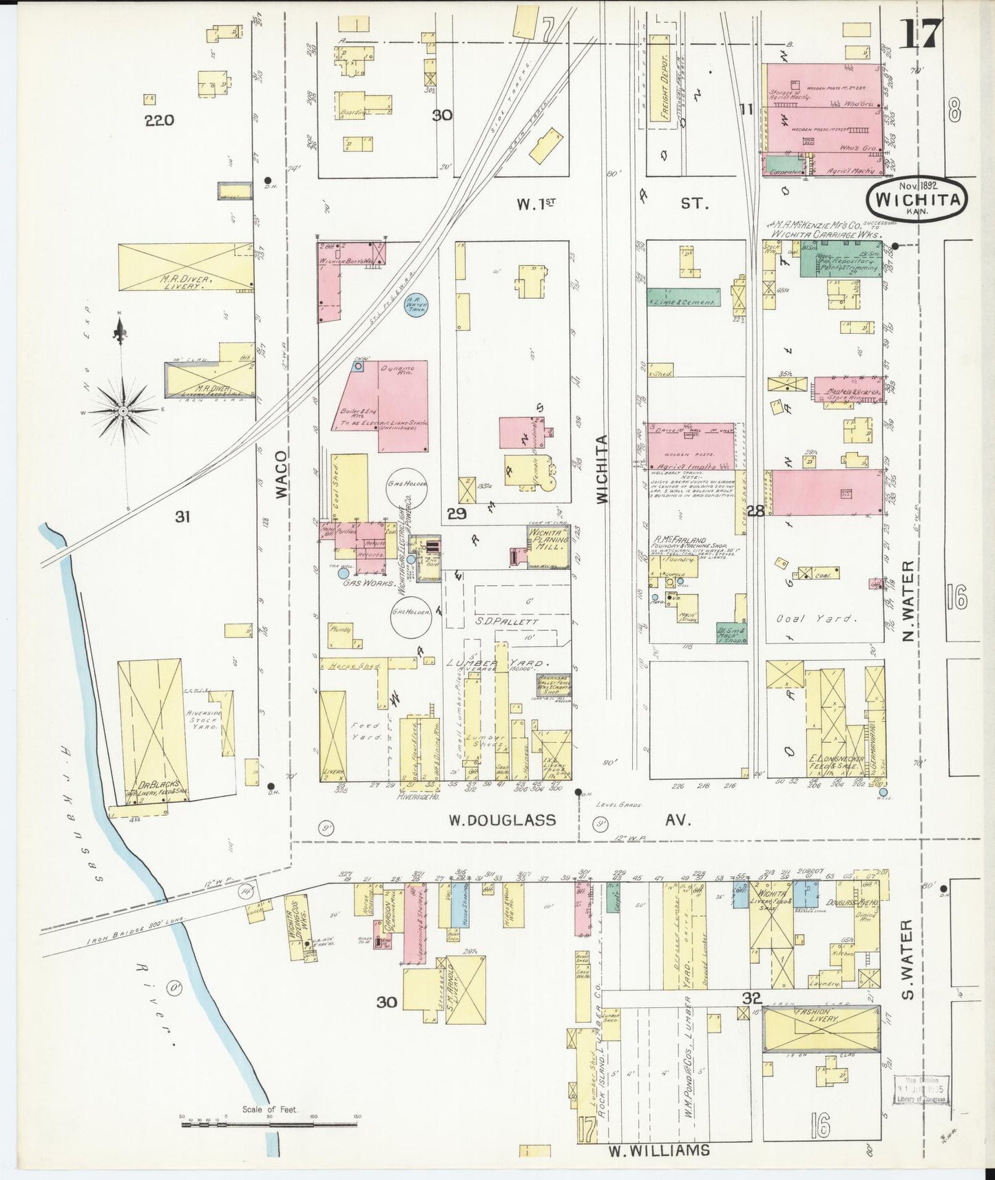 Sanborn Fire Insurance Map from Wichita, Sedgwick County, Kansas (1892), Sheet #0017 - Historic Sanborn Fire Insurance Map Print, vintage old map wall art, antique decor, genealogy gift, Kansas Kansas map