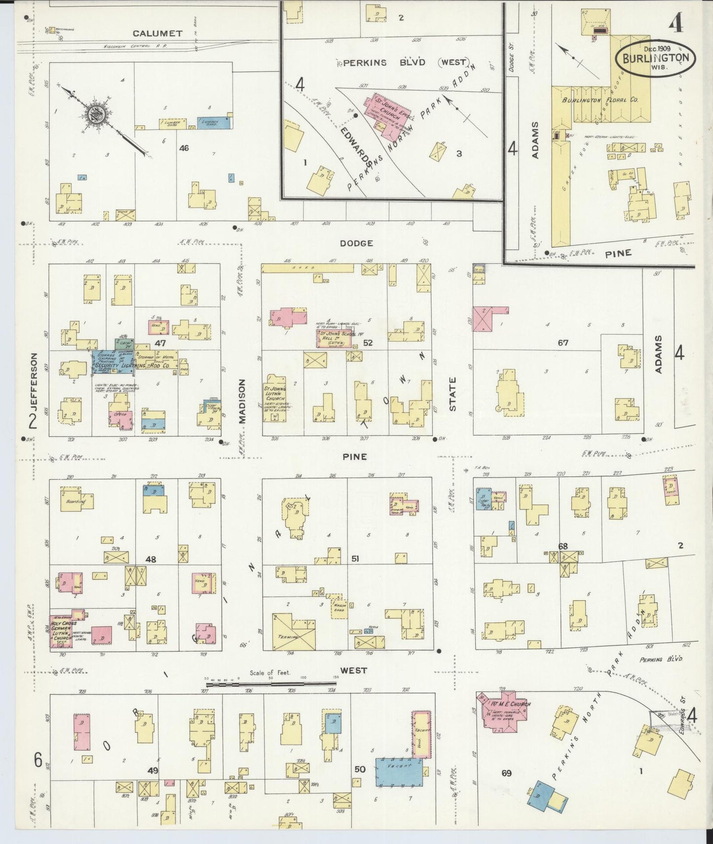 Sanborn Fire Insurance Map from Burlington, Racine County, Wisconsin (1909), Sheet #0004 - Historic Sanborn Fire Insurance Map Print, vintage old map wall art, antique decor, genealogy gift, Wisconsin Wisconsin map