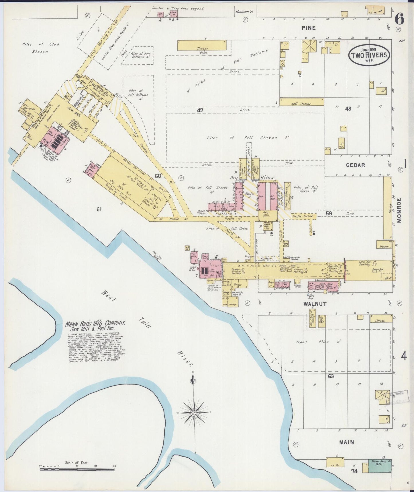 Sanborn Fire Insurance Map from Two Rivers, Manitowoc County, Wisconsin (1898), Sheet #0006 - Historic Sanborn Fire Insurance Map Print, vintage old map wall art, antique decor, genealogy gift, Wisconsin Wisconsin map