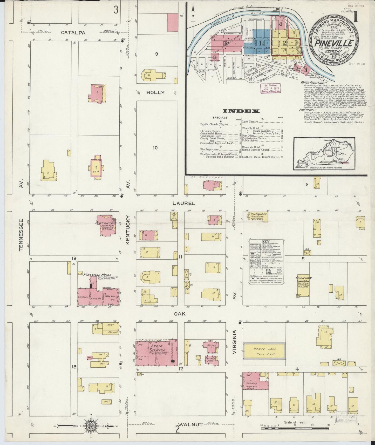Sanborn Fire Insurance Map from Pineville, Bell County, Kentucky (1913), Sheet #0001 - Historic Sanborn Fire Insurance Map Print, vintage old map wall art, antique decor, genealogy gift, Kentucky Kentucky map