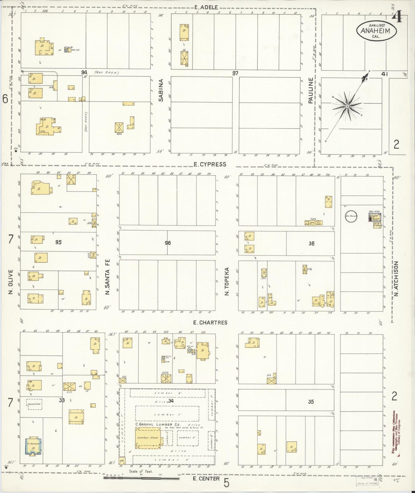 Sanborn Fire Insurance Map from Anaheim, Orange County, California (1907), Sheet #0004 - Historic Sanborn Fire Insurance Map Print, vintage old map wall art, antique decor, genealogy gift, California California map