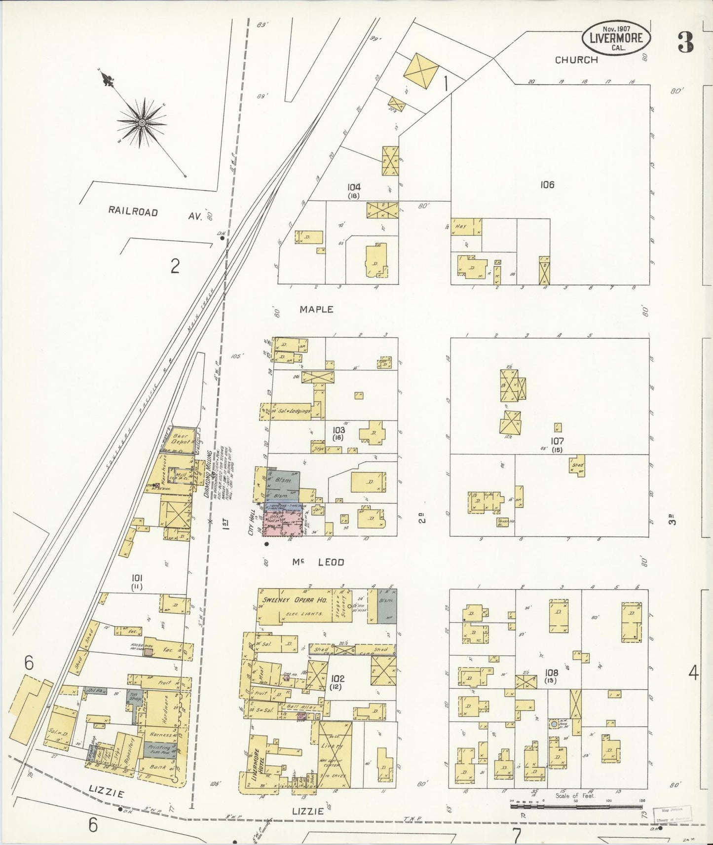 Sanborn Fire Insurance Map from Livermore, Alameda County, California (1907), Sheet #0003 - Historic Sanborn Fire Insurance Map Print, vintage old map wall art, antique decor, genealogy gift, California California map