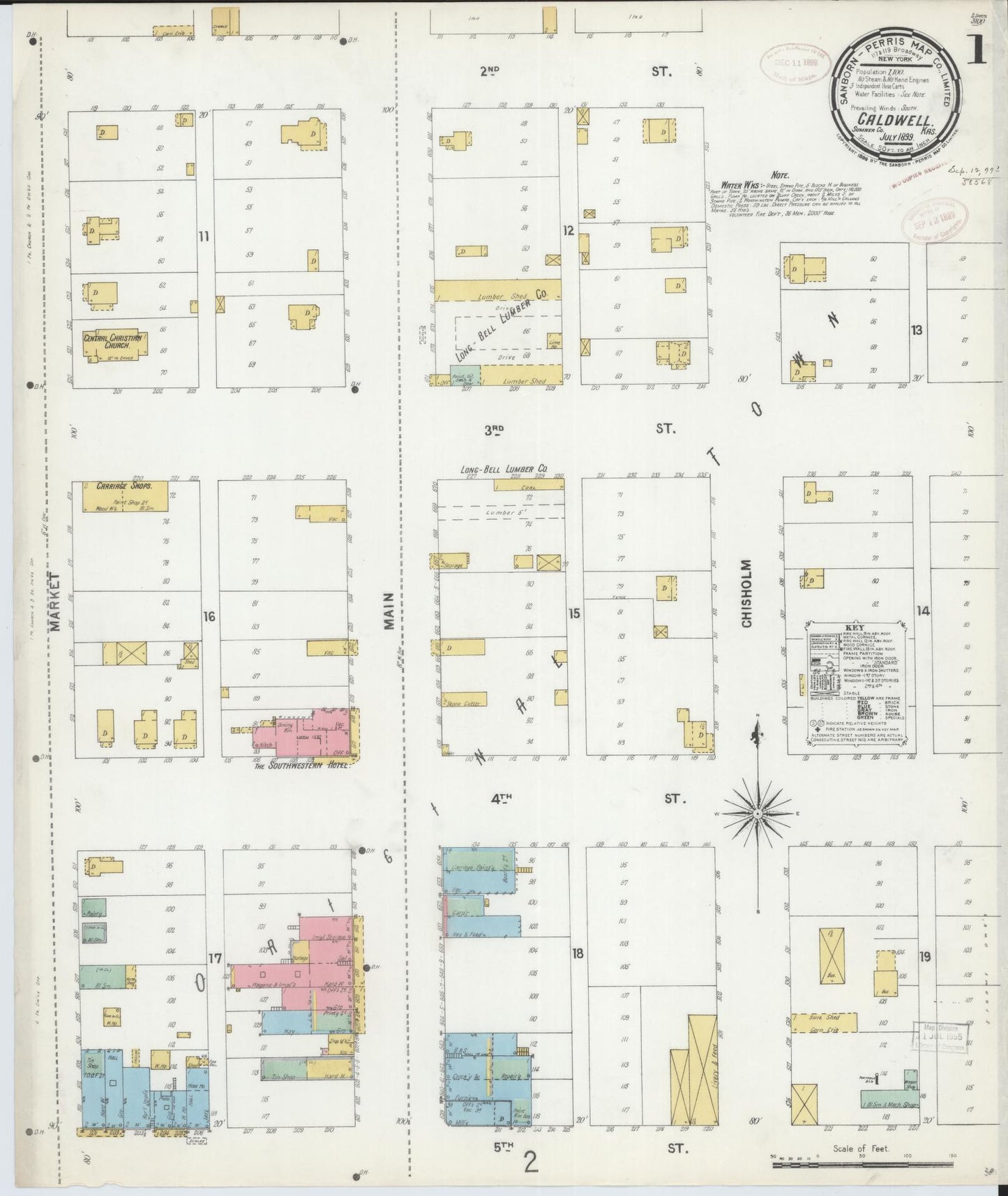 Sanborn Fire Insurance Map from Caldwell, Sumner County, Kansas (1899), Sheet #0001 - Historic Sanborn Fire Insurance Map Print, vintage old map wall art, antique decor, genealogy gift, Kansas Kansas map