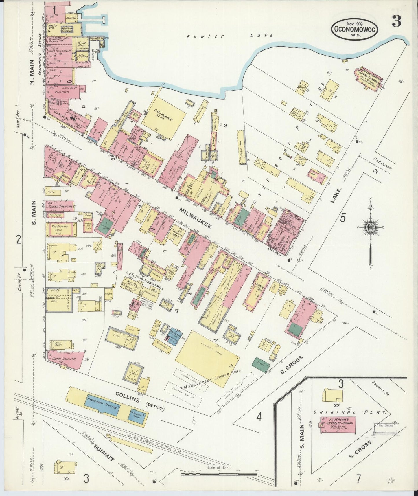 Sanborn Fire Insurance Map from Oconomowoc, Waukesha County, Wisconsin (1909), Sheet #0003 - Historic Sanborn Fire Insurance Map Print, vintage old map wall art, antique decor, genealogy gift, Wisconsin Wisconsin map