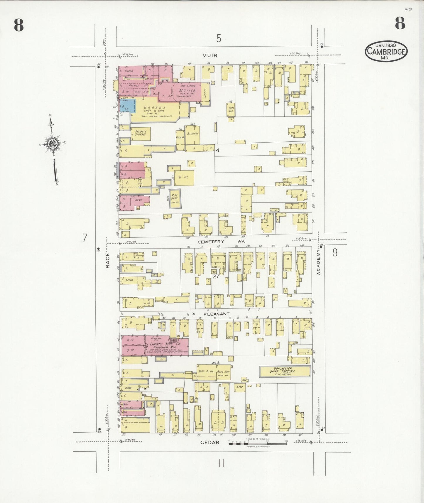 Sanborn Fire Insurance Map from Cambridge, Dorchester County, Maryland (1930), Sheet #0008 - Historic Sanborn Fire Insurance Map Print, vintage old map wall art, antique decor, genealogy gift, Maryland Maryland map