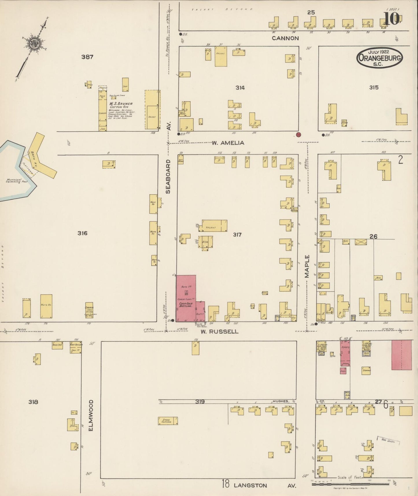 Sanborn Fire Insurance Map from Orangeburg, Orangeburg County, South Carolina (1922), Sheet #0010 - Historic Sanborn Fire Insurance Map Print, vintage old map wall art, antique decor, genealogy gift, South Carolina South Carolina map