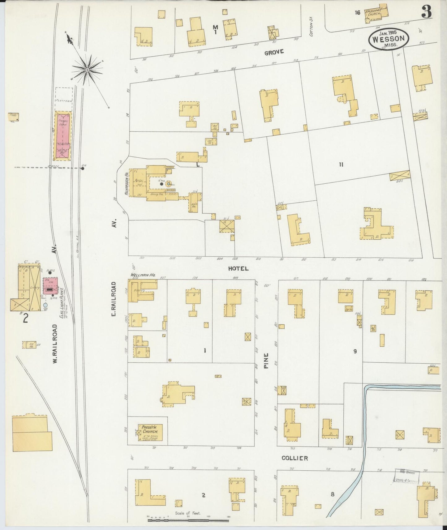 Sanborn Fire Insurance Map from Wesson, Copiah County, Mississippi (1905), Sheet #0003 - Historic Sanborn Fire Insurance Map Print, vintage old map wall art, antique decor, genealogy gift, Mississippi Mississippi map