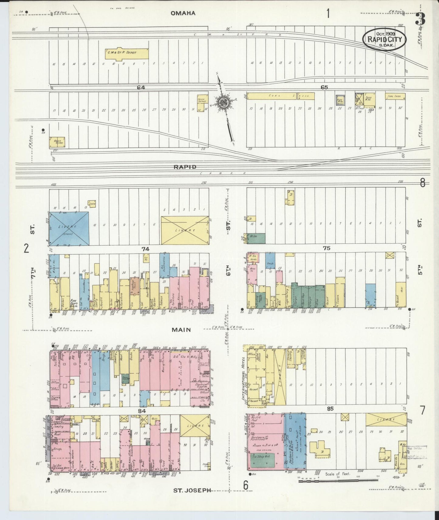 Sanborn Fire Insurance Map from Rapid City, Pennington County, South Dakota (1909), Sheet #0003 - Historic Sanborn Fire Insurance Map Print, vintage old map wall art, antique decor, genealogy gift, South Dakota South Dakota map