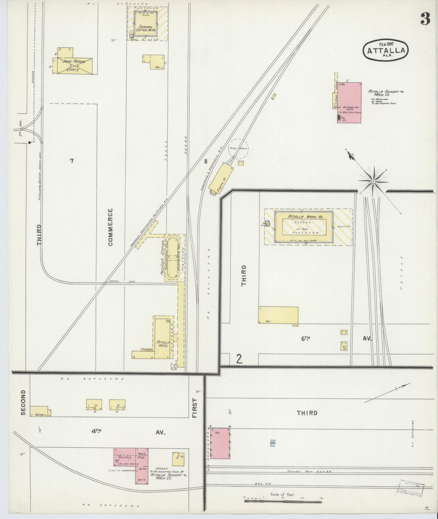 Sanborn Fire Insurance Map from Attalla, Etowah County, Alabama (1897), Sheet #0003 - Historic Sanborn Fire Insurance Map Print, vintage old map wall art, antique decor, genealogy gift, Alabama Alabama map