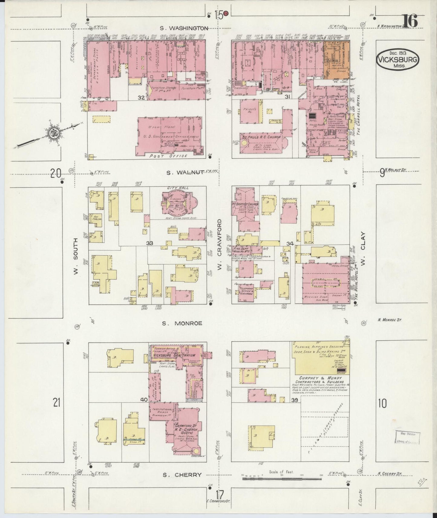 Sanborn Fire Insurance Map from Vicksburg, Warren County, Mississippi (1913), Sheet #0016 - Historic Sanborn Fire Insurance Map Print, vintage old map wall art, antique decor, genealogy gift, Mississippi Mississippi map
