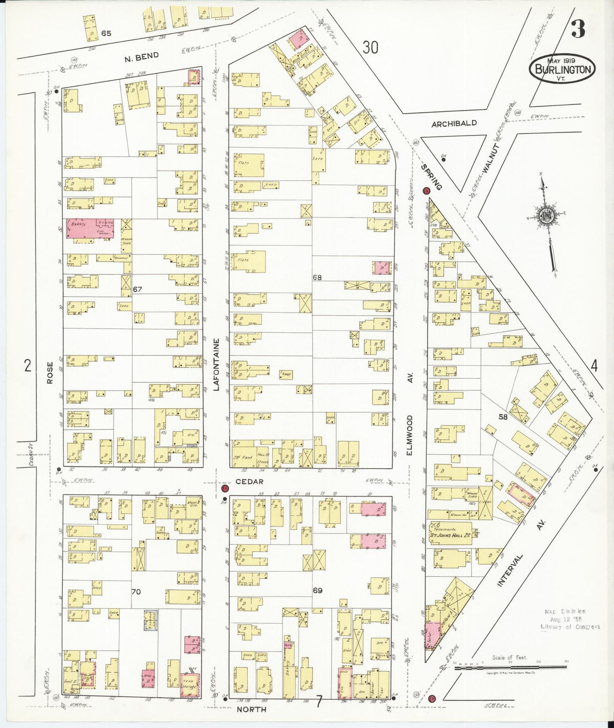 Sanborn Fire Insurance Map from Burlington, Chittenden County, Vermont (1919), Sheet #0003 - Historic Sanborn Fire Insurance Map Print, vintage old map wall art, antique decor, genealogy gift, Vermont Vermont map