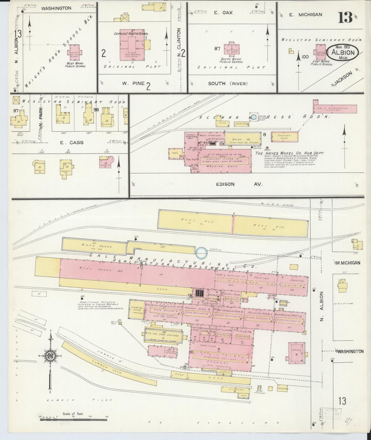 Sanborn Fire Insurance Map from Albion, Calhoun County, Michigan (1913), Sheet #0013 - Historic Sanborn Fire Insurance Map Print, vintage old map wall art, antique decor, genealogy gift, Michigan Michigan map