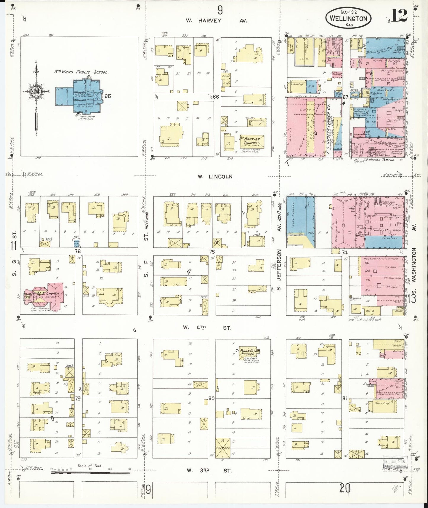 Sanborn Fire Insurance Map from Wellington, Sumner County, Kansas (1912), Sheet #0012 - Historic Sanborn Fire Insurance Map Print, vintage old map wall art, antique decor, genealogy gift, Kansas Kansas map