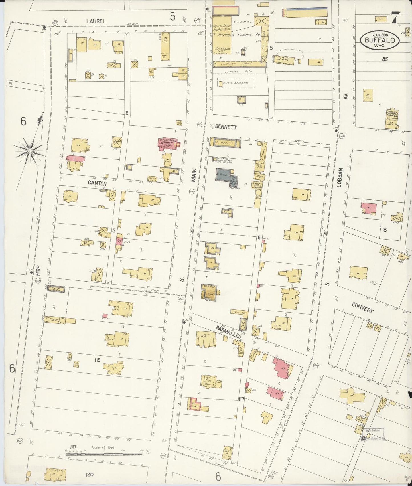 Sanborn Fire Insurance Map from Buffalo, Johnson County, Wyoming (1908), Sheet #0007 - Complete Map Set gallery image, historic Sanborn map, vintage wall art, Wyoming Wyoming