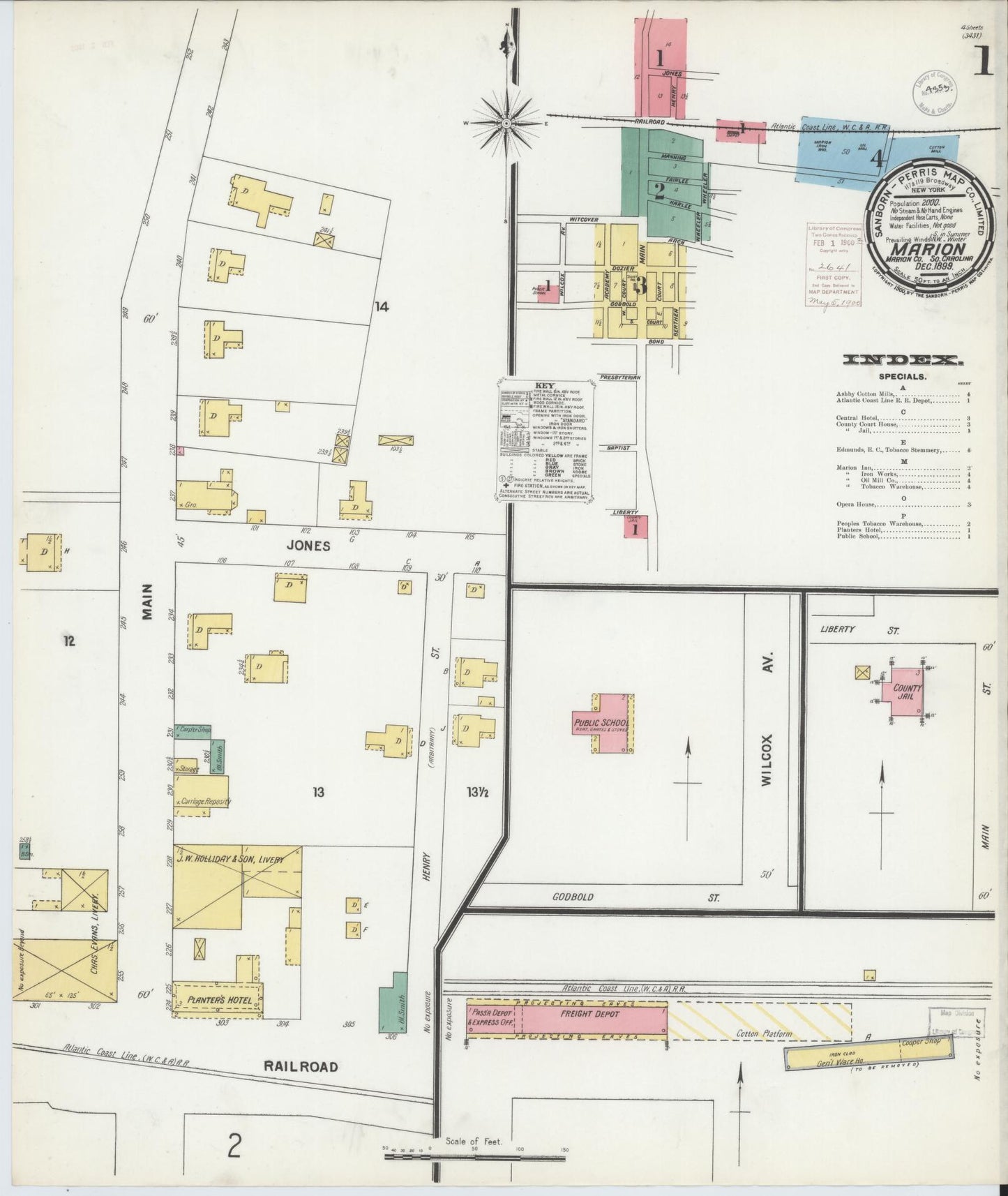 Sanborn Fire Insurance Map from Marion, Marion County, South Carolina (1899), Sheet #0001 - Historic Sanborn Fire Insurance Map Print, vintage old map wall art, antique decor, genealogy gift, South Carolina South Carolina map