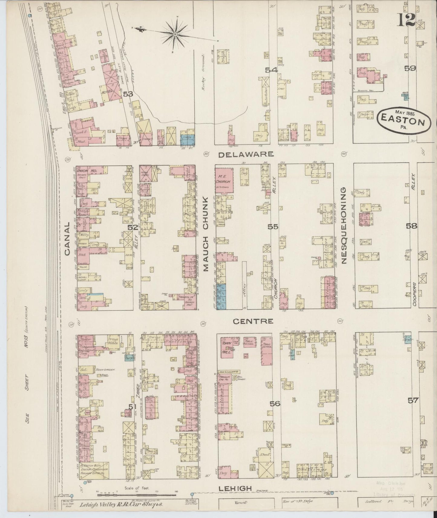 Sanborn Fire Insurance Map from Easton, Northampton County, Pennsylvania (1885), Sheet #0012 - Historic Sanborn Fire Insurance Map Print, vintage old map wall art, antique decor, genealogy gift, Pennsylvania Pennsylvania map