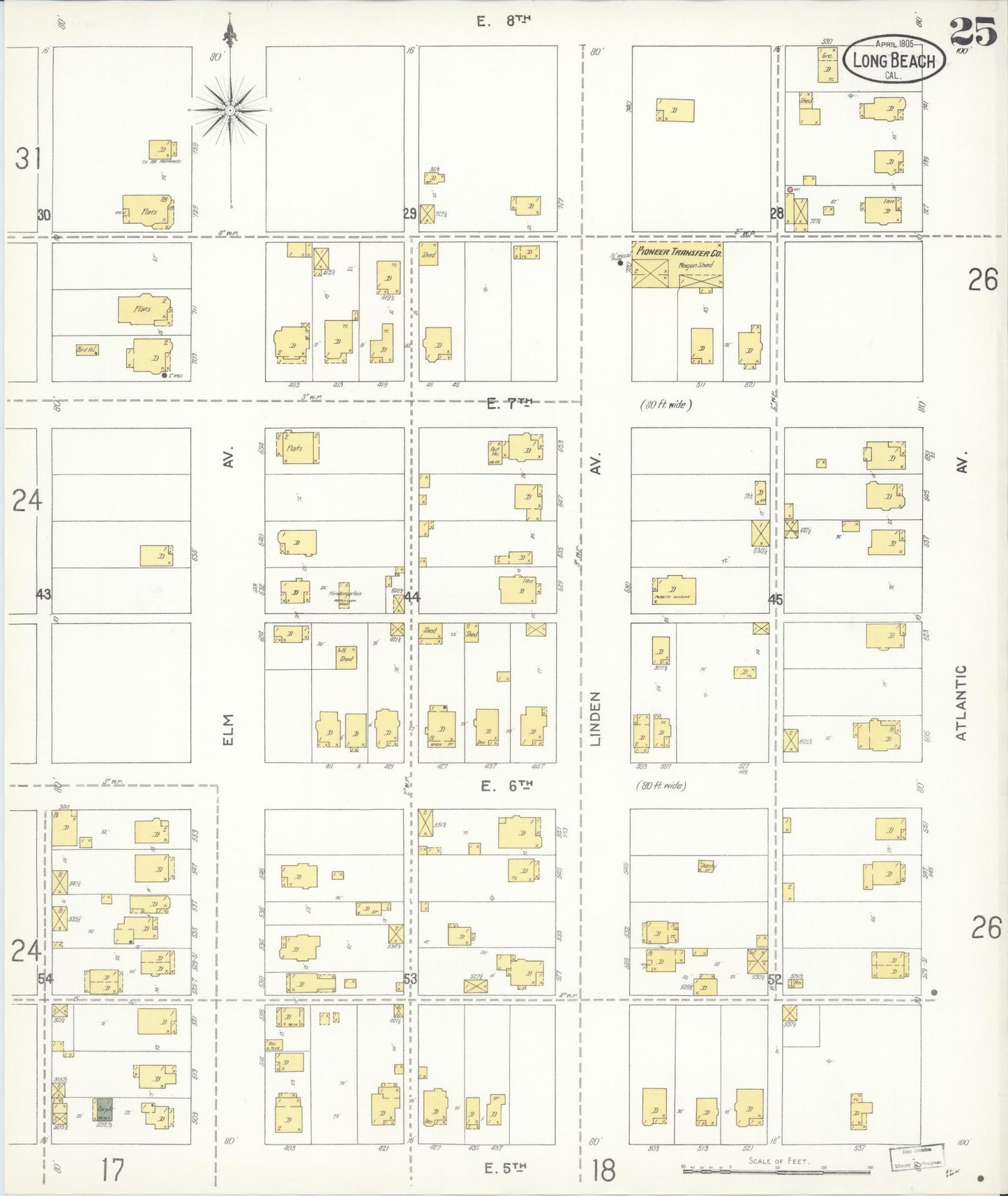 Sanborn Fire Insurance Map from Long Beach, Los Angeles County, California (1905), Sheet #0025 - Historic Sanborn Fire Insurance Map Print, vintage old map wall art, antique decor, genealogy gift, California California map