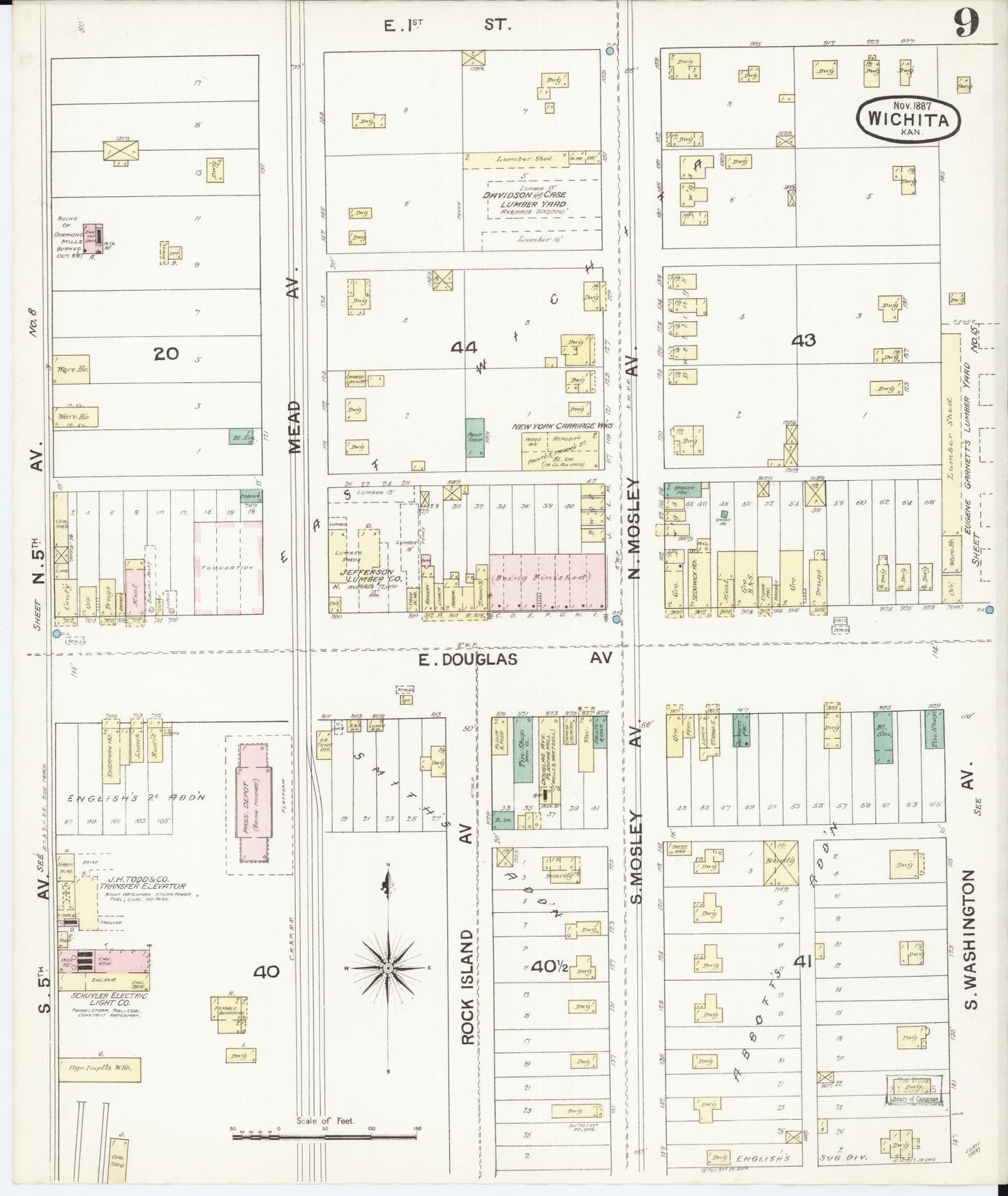 Sanborn Fire Insurance Map from Wichita, Sedgwick County, Kansas (1887), Sheet #0009 - Historic Sanborn Fire Insurance Map Print, vintage old map wall art, antique decor, genealogy gift, Kansas Kansas map