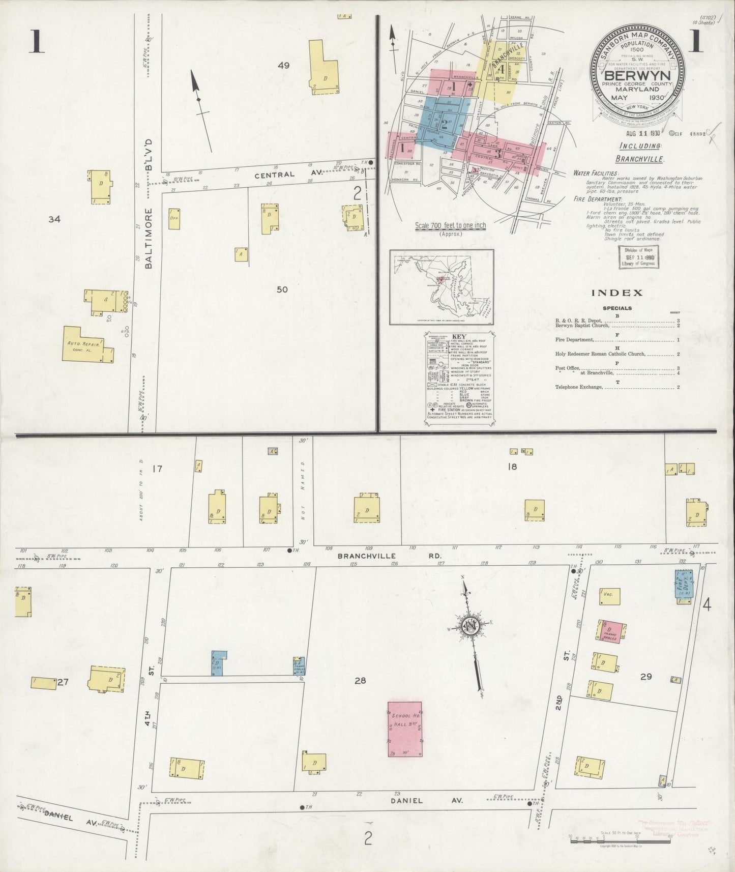 Sanborn Fire Insurance Map from Berwin, Prince Georges County, Maryland (1930), Sheet #0001 - Historic Sanborn Fire Insurance Map Print, vintage old map wall art, antique decor, genealogy gift, Maryland Maryland map