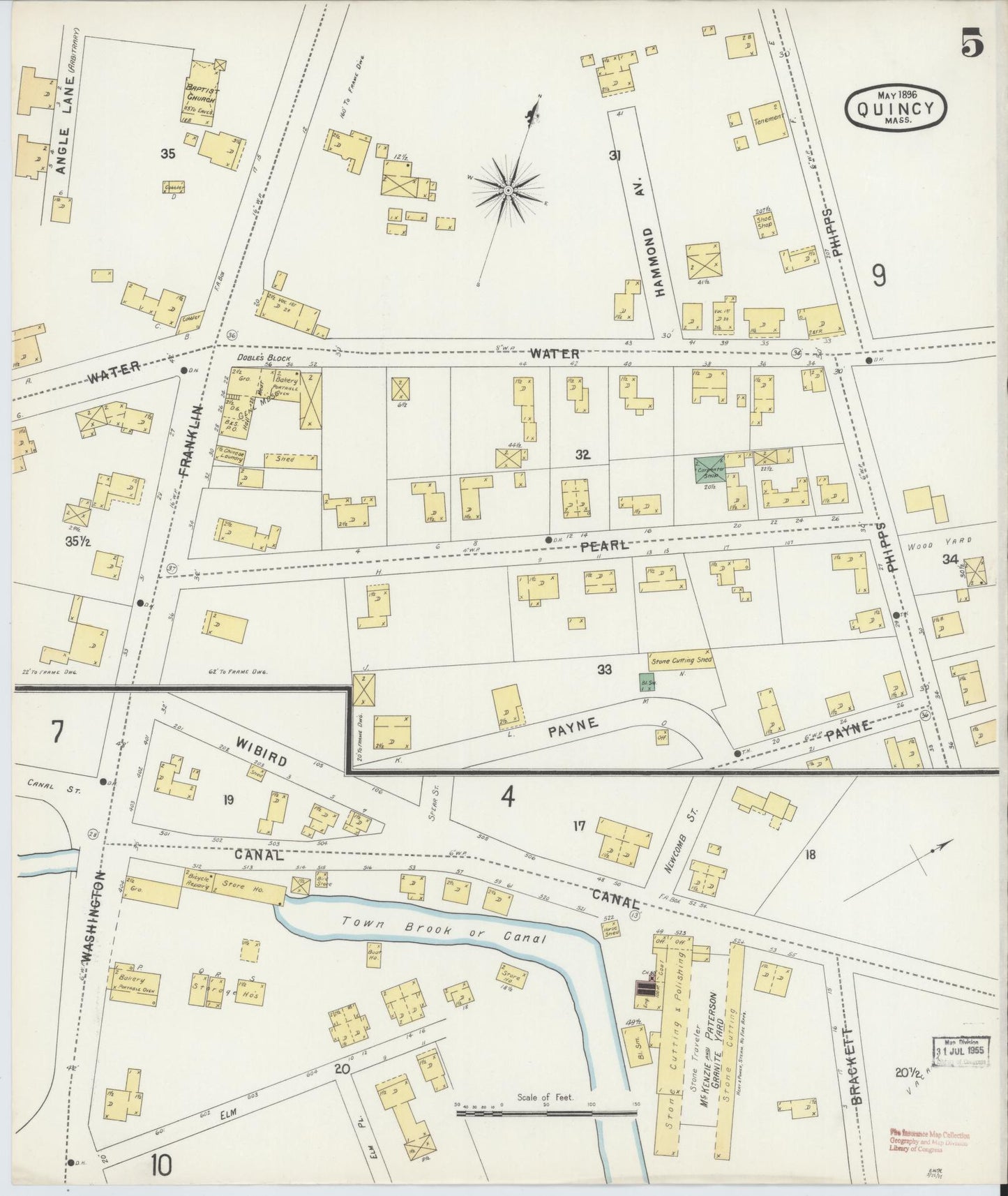 Sanborn Fire Insurance Map from Quincy, Norfolk County, Massachusetts (1896), Sheet #0005 - Historic Sanborn Fire Insurance Map Print, vintage old map wall art, antique decor, genealogy gift, Massachusetts Massachusetts map