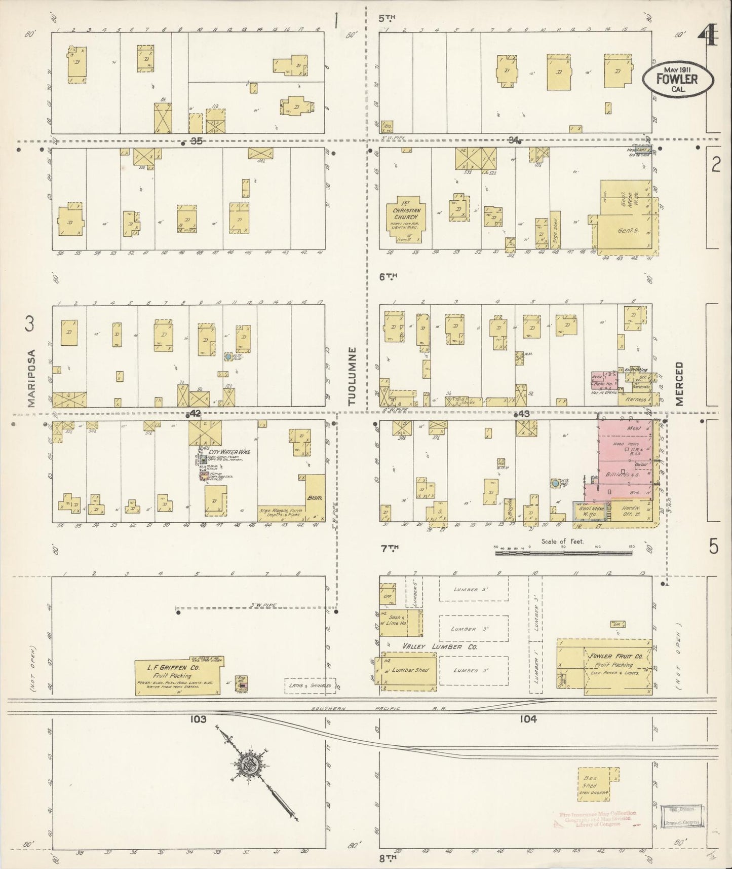 Sanborn Fire Insurance Map from Fowler, Fresno County, California (1911), Sheet #0004 - Historic Sanborn Fire Insurance Map Print, vintage old map wall art, antique decor, genealogy gift, California California map