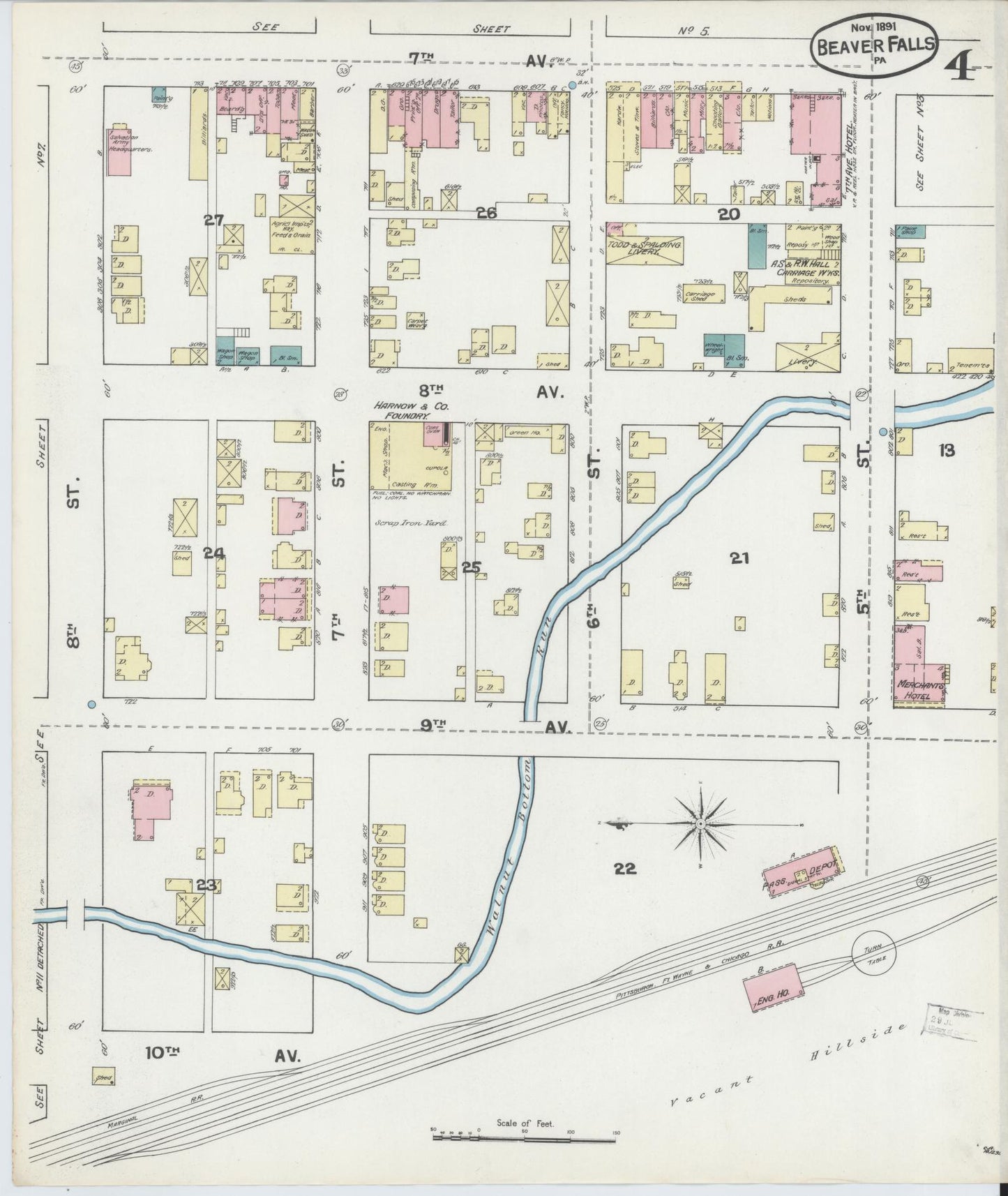 Sanborn Fire Insurance Map from Beaver Falls, Beaver County, Pennsylvania (1891), Sheet #0004 - Historic Sanborn Fire Insurance Map Print, vintage old map wall art, antique decor, genealogy gift, Pennsylvania Pennsylvania map