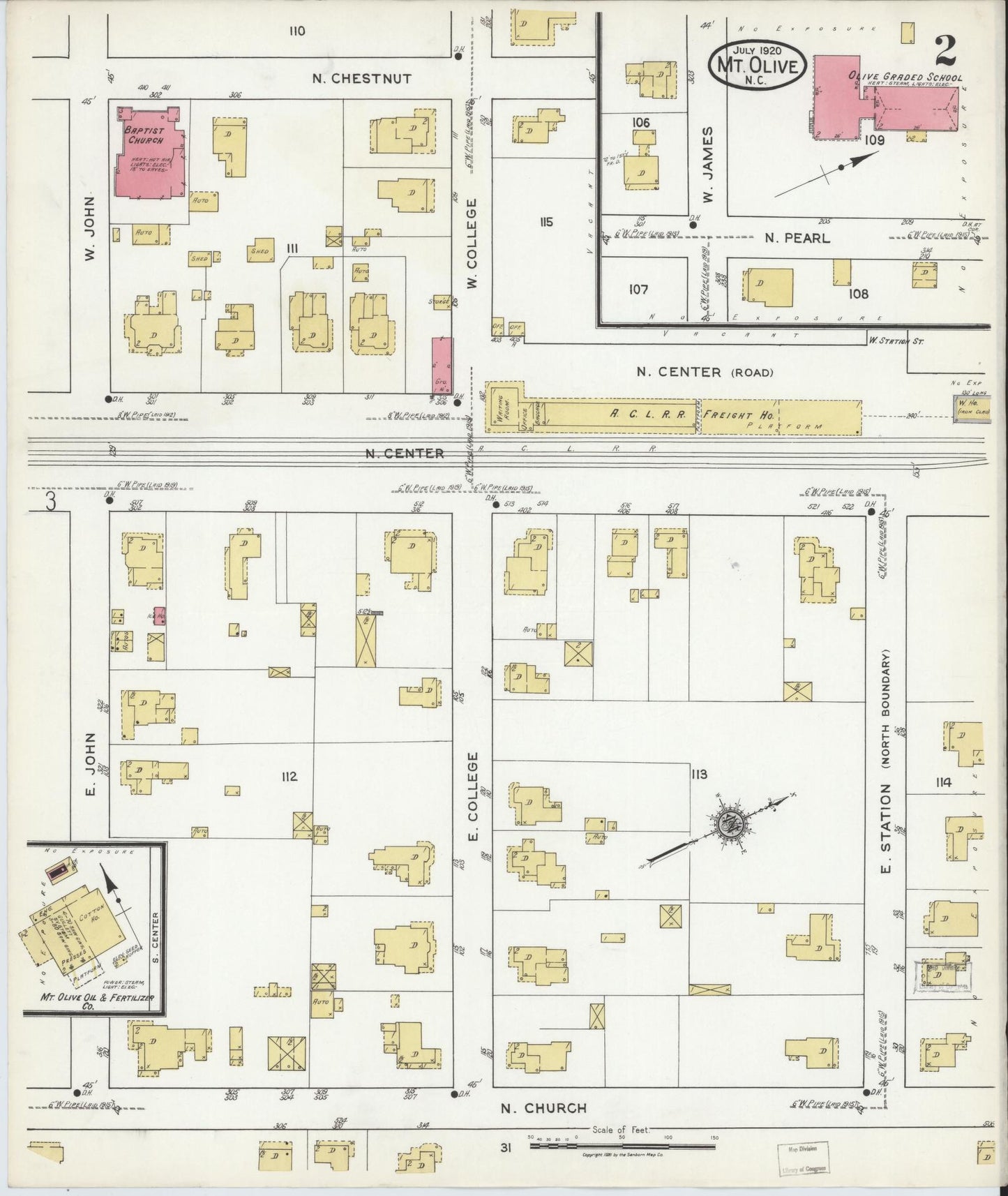 Sanborn Fire Insurance Map from Mount Olive, Wayne County, North Carolina (1920), Sheet #0002 - Historic Sanborn Fire Insurance Map Print, vintage old map wall art, antique decor, genealogy gift, North Carolina North Carolina map