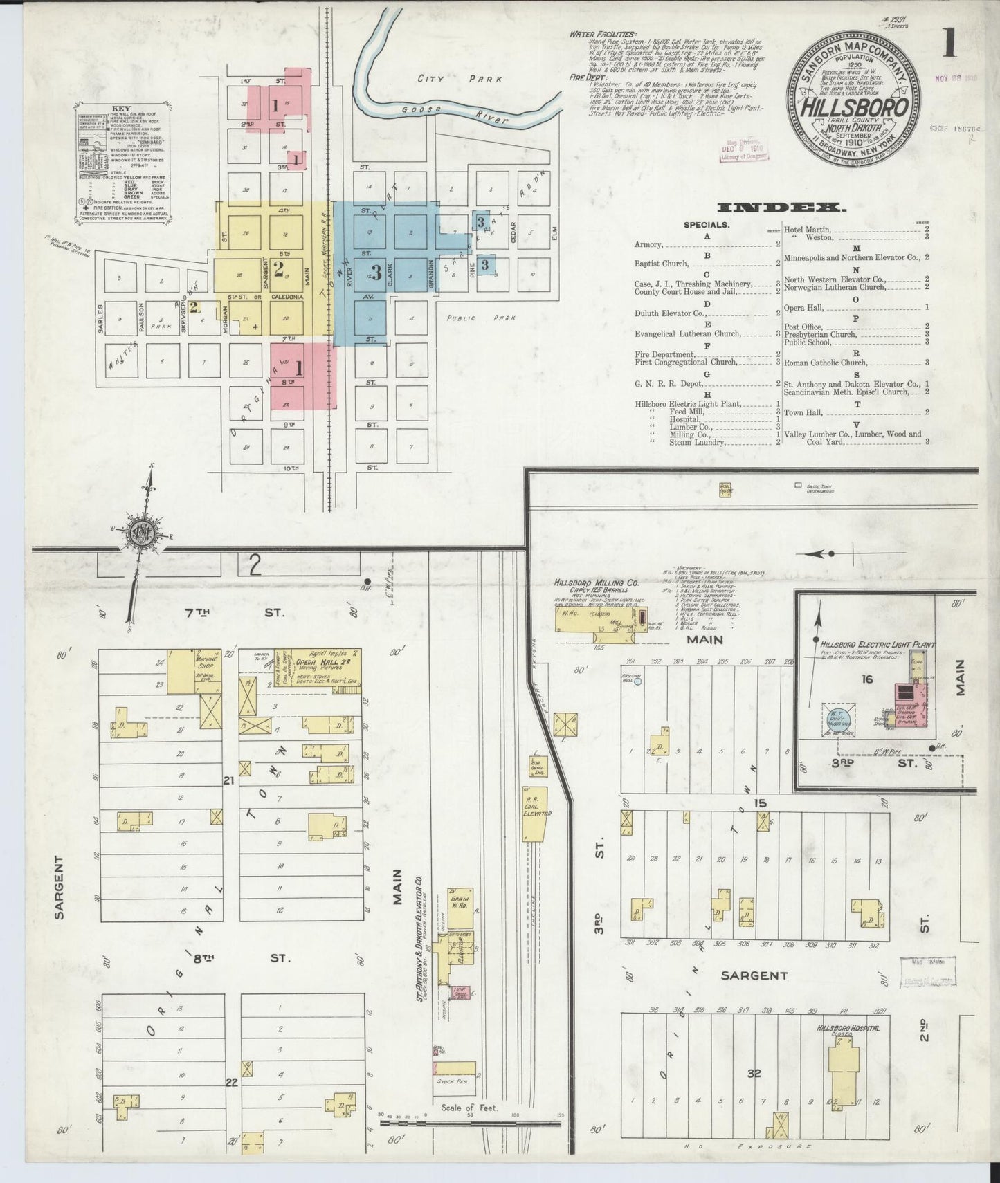 Sanborn Fire Insurance Map from Hillsboro, Traill County, North Dakota (1910), Sheet #0001 - Historic Sanborn Fire Insurance Map Print, vintage old map wall art, antique decor, genealogy gift, North Dakota North Dakota map