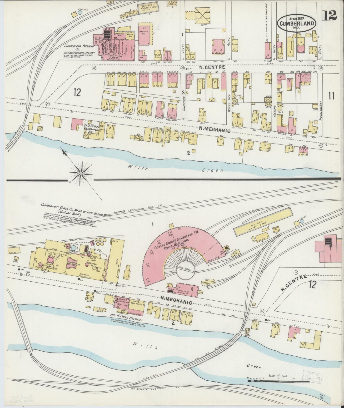 Allegany, Maryland - 1897 - Sanborn Fire Insurance Map, Sheet #0012 - Historic Sanborn Fire Insurance Map Print, Allegany Maryland 1897 0012 vintage old map wall art