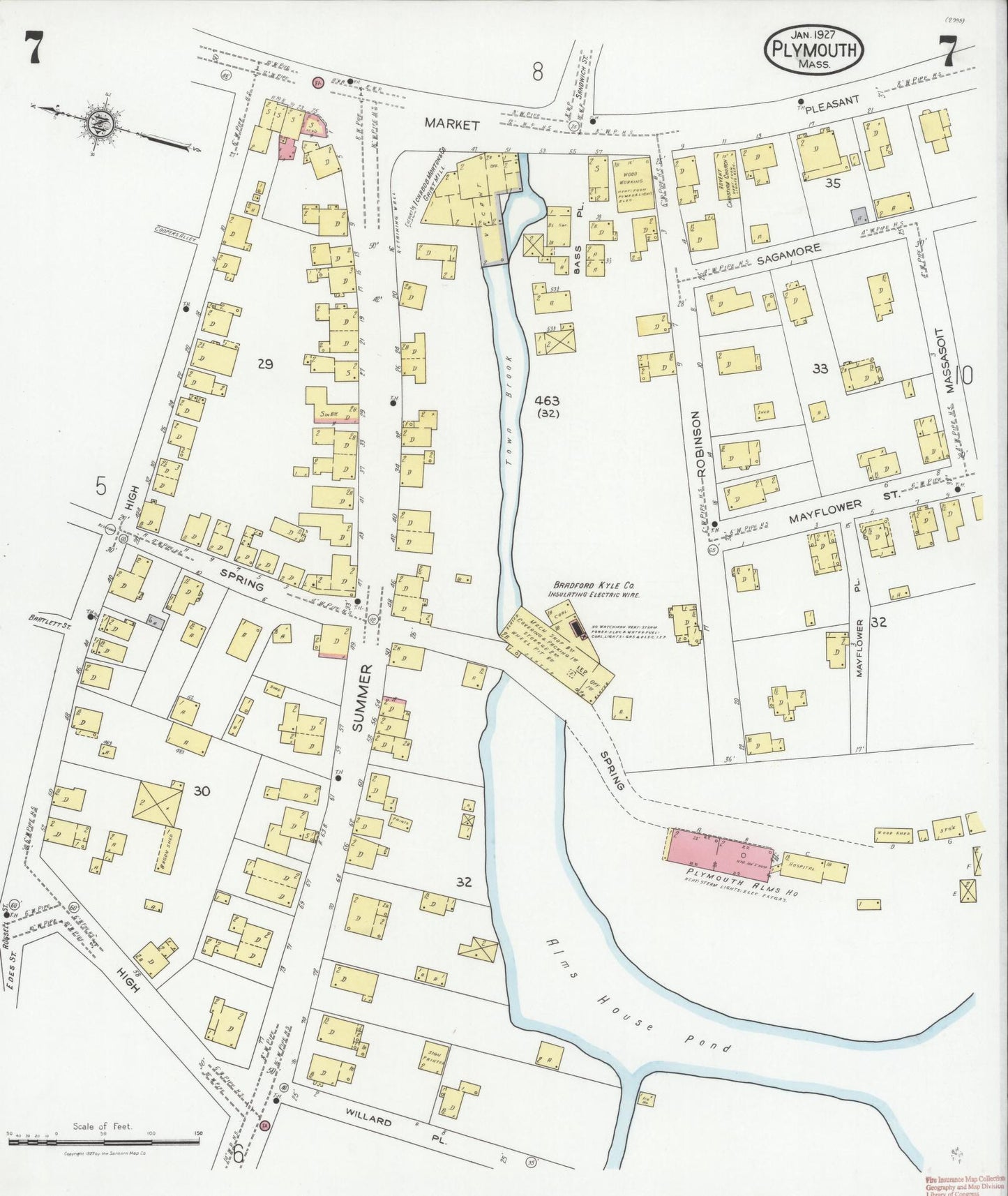 Sanborn Fire Insurance Map from Plymouth, Plymouth County, Massachusetts (1927), Sheet #0007 - Historic Sanborn Fire Insurance Map Print, vintage old map wall art, antique decor, genealogy gift, Massachusetts Massachusetts map