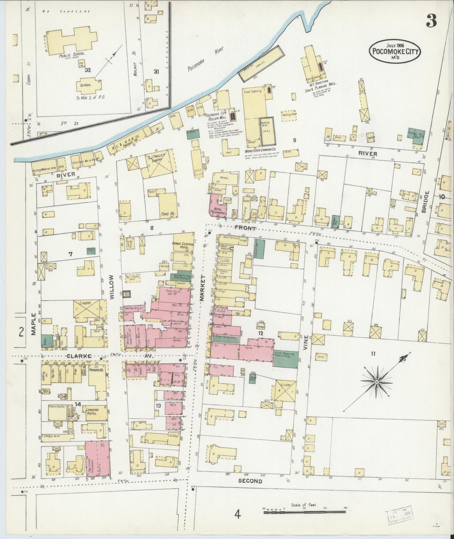 Sanborn Fire Insurance Map from Pocomoke City, Worcester County, Maryland (1906), Sheet #0003 - Historic Sanborn Fire Insurance Map Print, vintage old map wall art