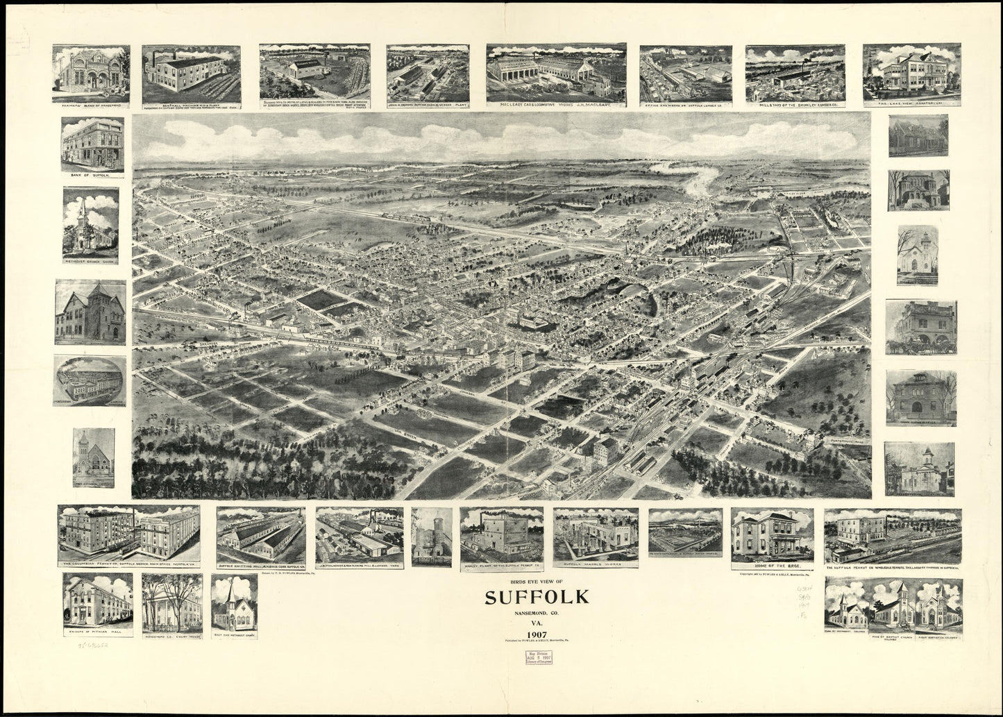Birds eye view of Suffolk, Nansemond Co., Va. 1907. (1907) – Historic Bird’s-Eye View Panorama Print