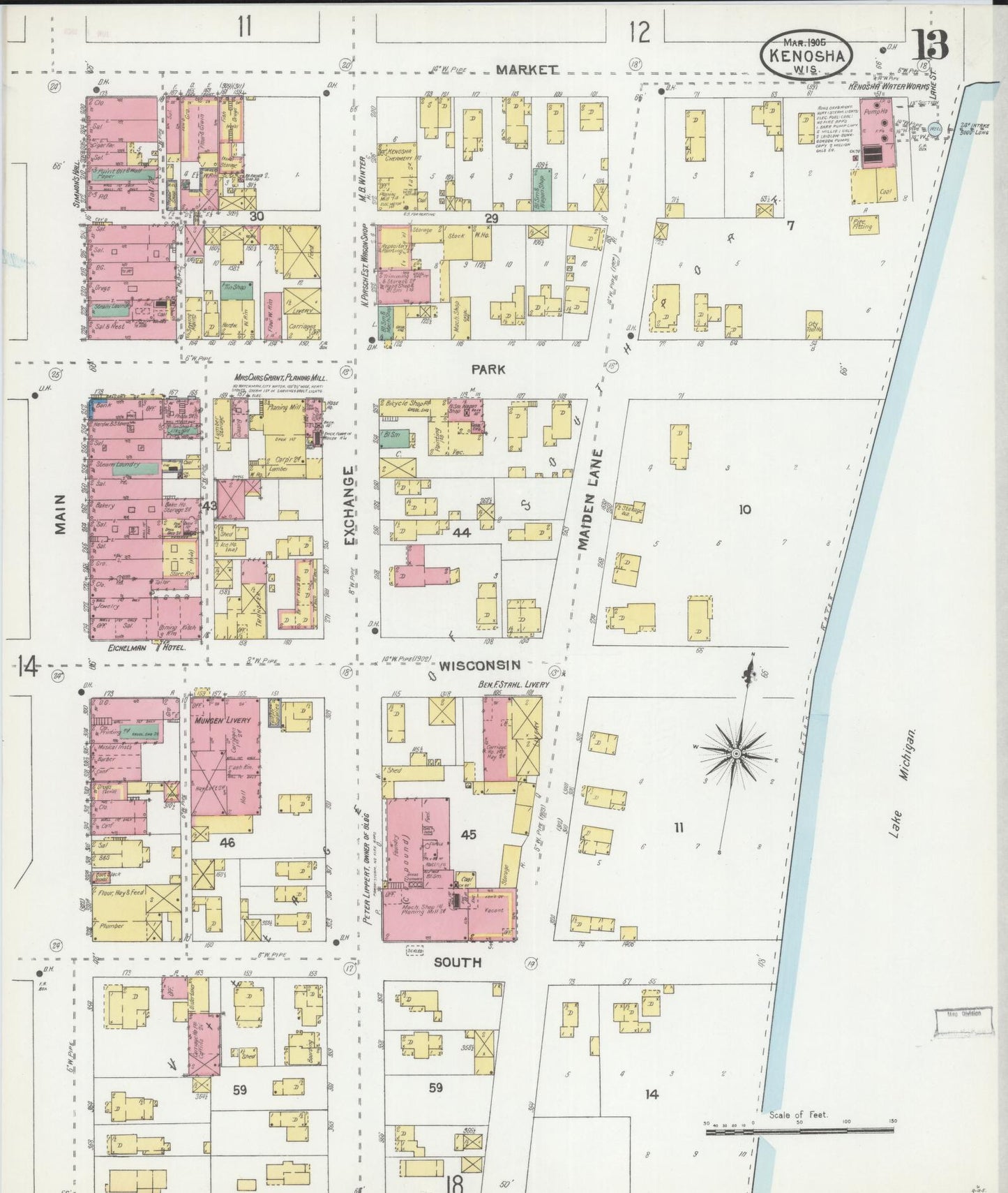 Sanborn Fire Insurance Map from Kenosha, Kenosha County, Wisconsin (1905), Sheet #0013 - Historic Sanborn Fire Insurance Map Print, vintage old map wall art, antique decor, genealogy gift, Wisconsin Wisconsin map