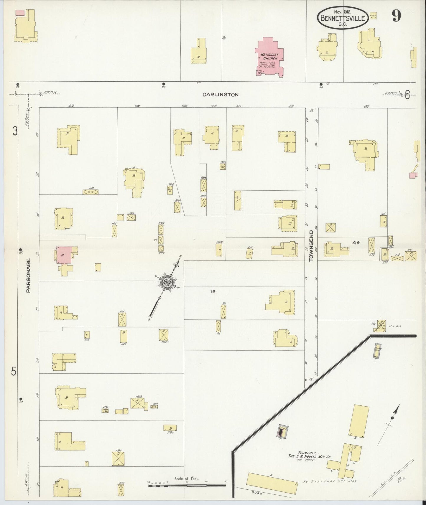 Sanborn Fire Insurance Map from Bennettsville, Marlboro County, South Carolina (1912), Sheet #0009 - Historic Sanborn Fire Insurance Map Print, vintage old map wall art, antique decor, genealogy gift, South Carolina South Carolina map