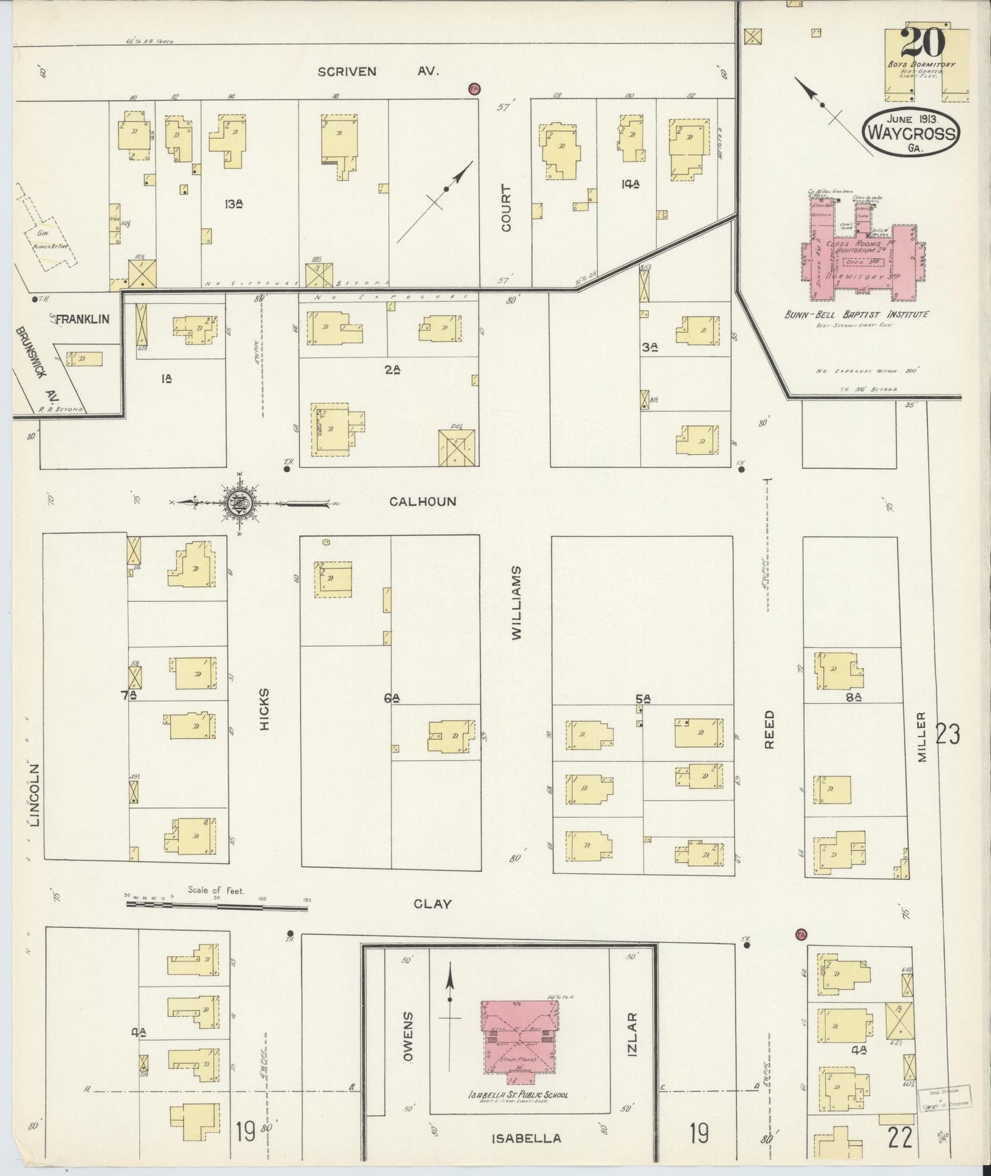 Sanborn Fire Insurance Map from Waycross, Ware County, Georgia (1913), Sheet #0020 - Historic Sanborn Fire Insurance Map Print, vintage old map wall art, antique decor, genealogy gift, Georgia Georgia map