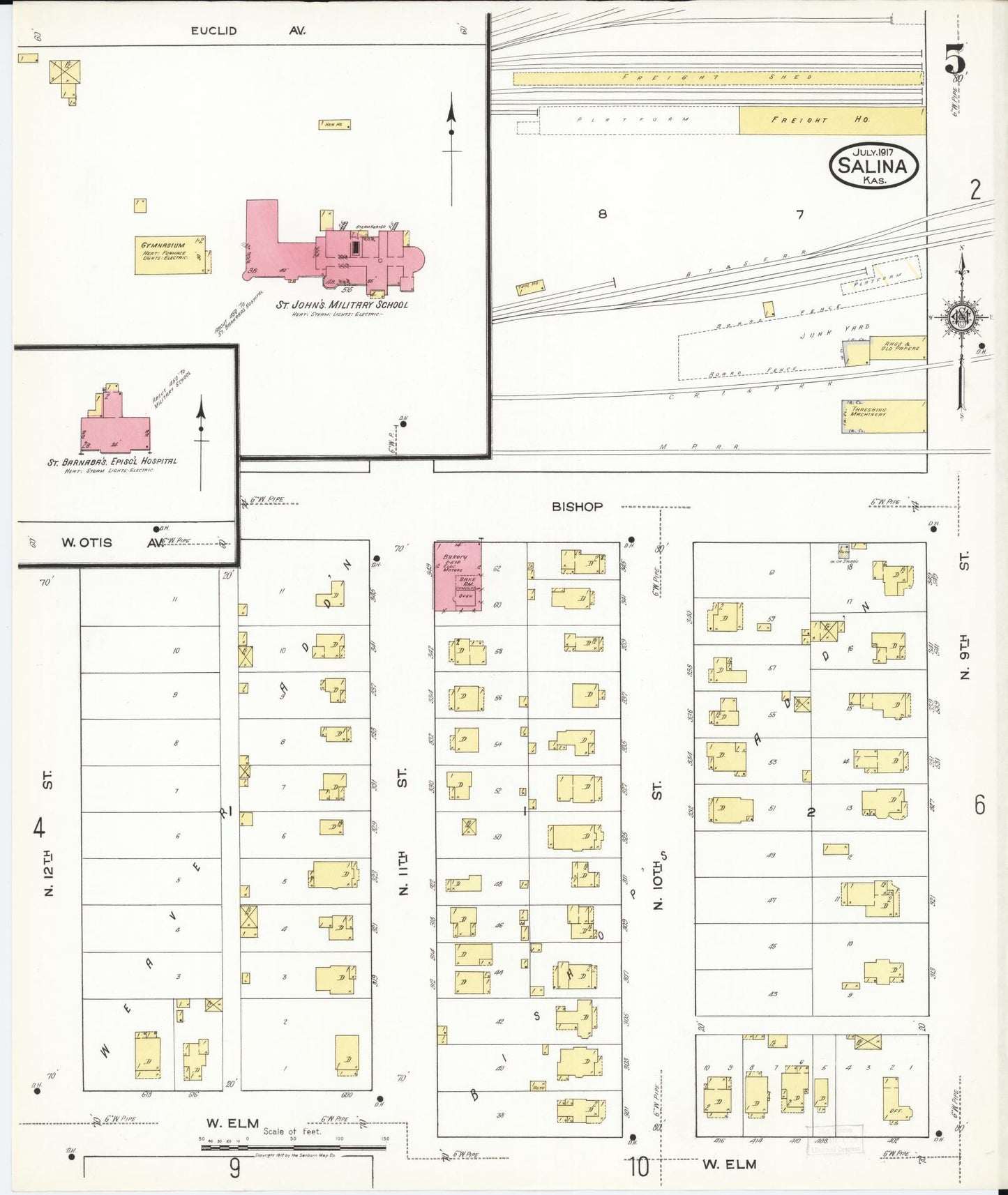 Sanborn Fire Insurance Map from Salina, Saline County, Kansas (1917), Sheet #0005 - Historic Sanborn Fire Insurance Map Print, vintage old map wall art, antique decor, genealogy gift, Kansas Kansas map