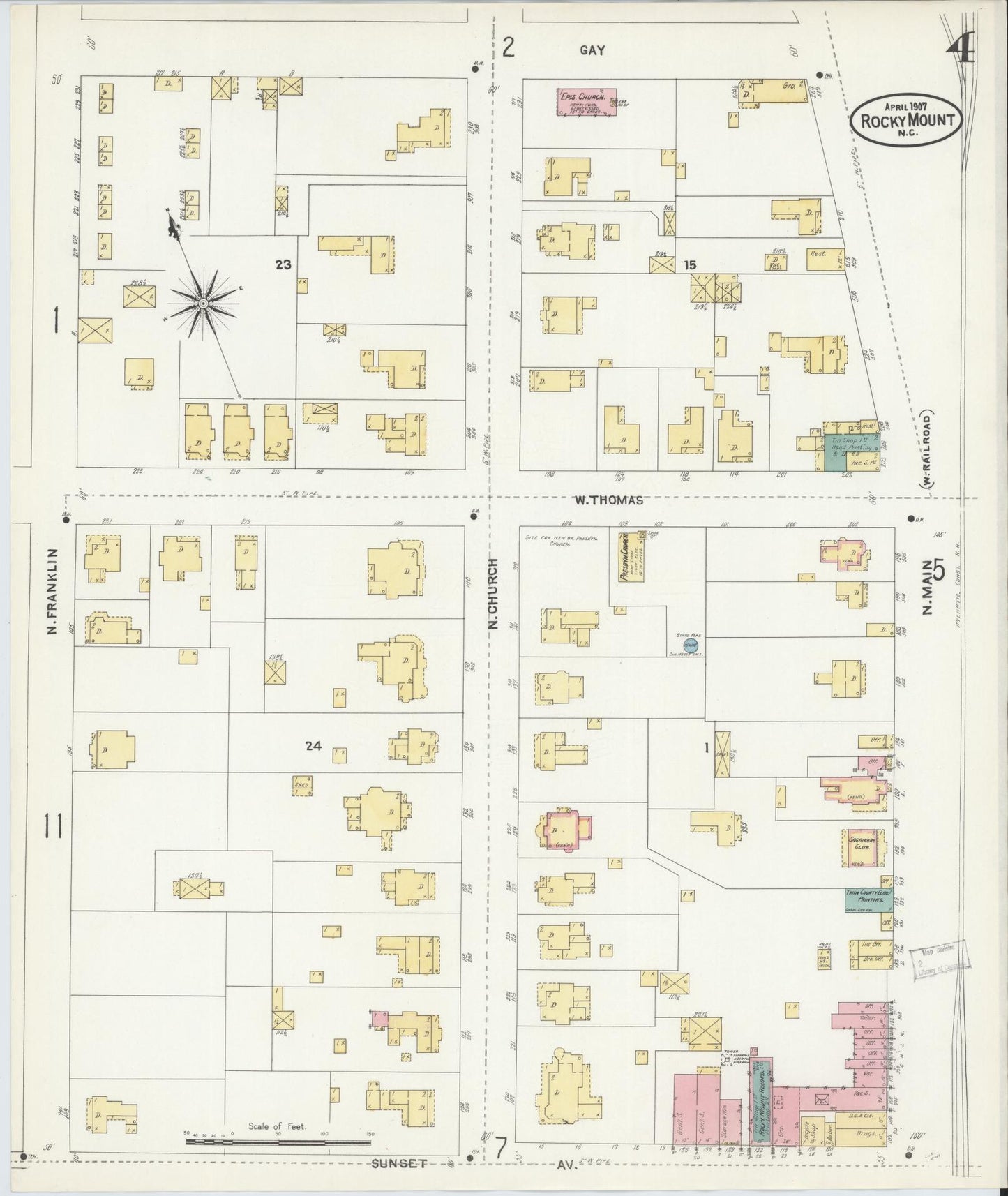 Sanborn Fire Insurance Map from Rocky Mount, Edgecombe And Nash Counties, North Carolina (1907), Sheet #0004 - Historic Sanborn Fire Insurance Map Print, vintage old map wall art, antique decor, genealogy gift, North Carolina North Carolina map